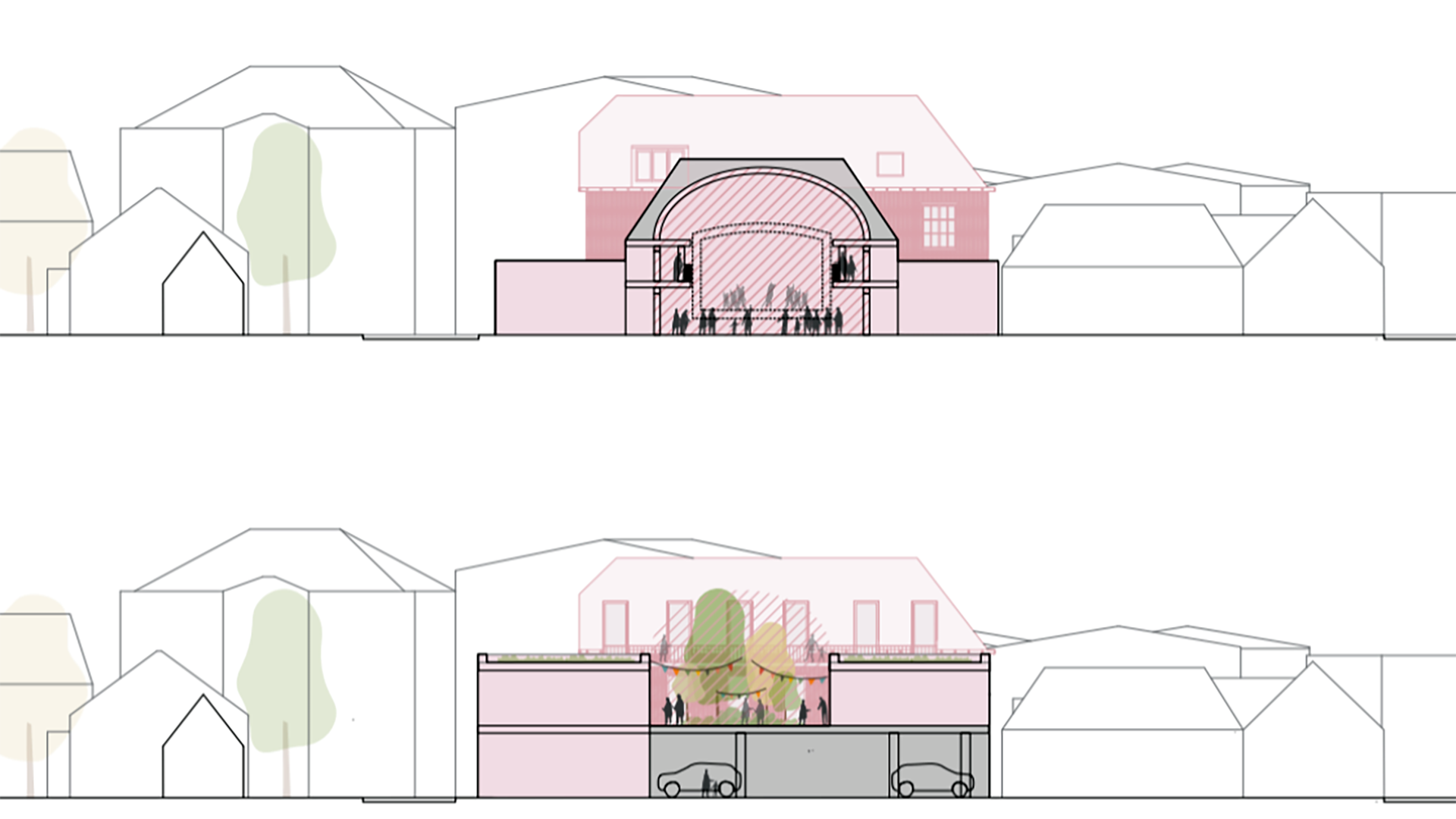 Architectonische doorsnede van een gebouw, met bovenste en onderste weergave, laat de indeling met vloeren, silhouetten van mensen, auto's en omringende gebouwen zien.