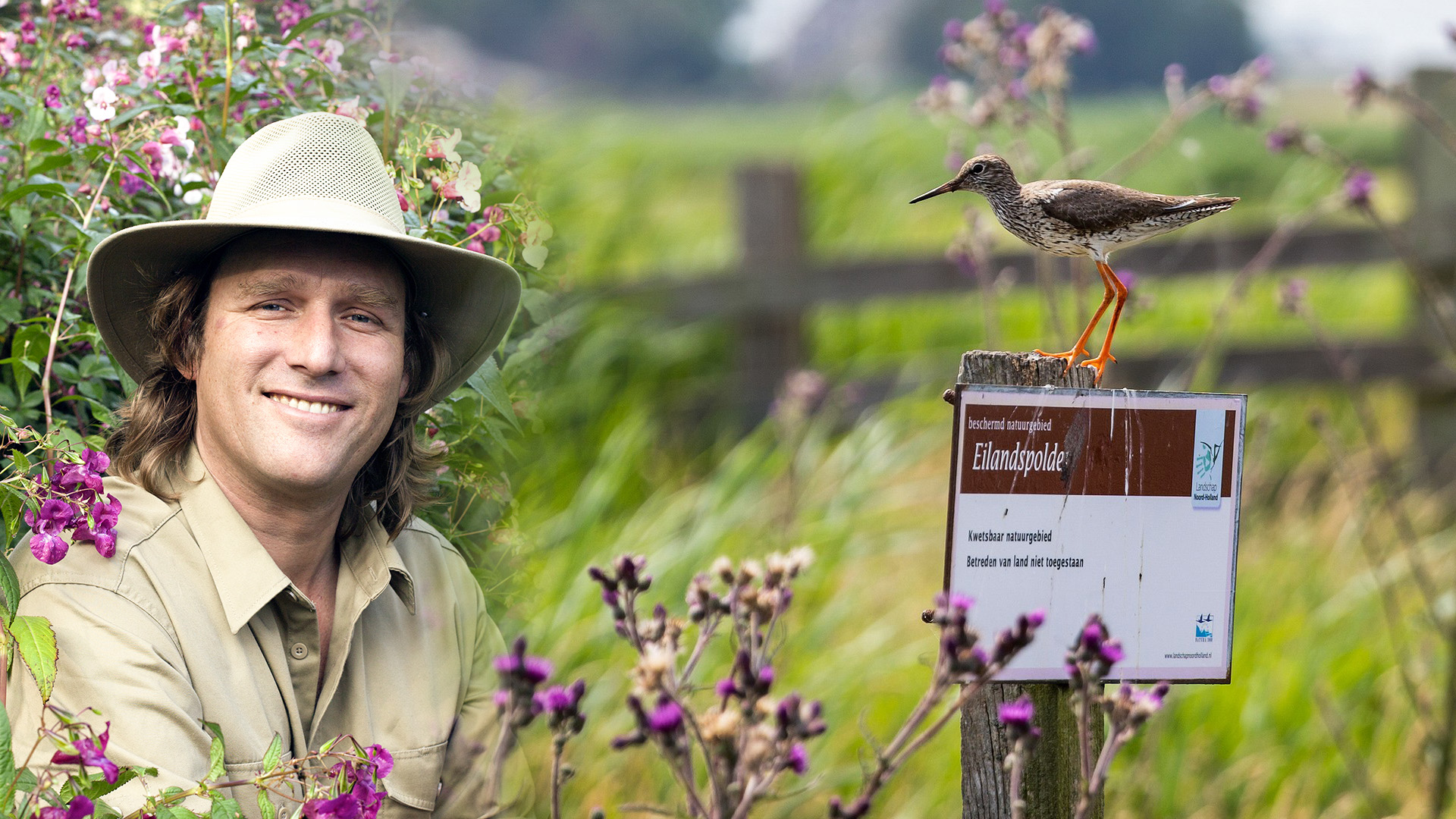 Een man met een beige hoed glimlacht te midden van bloemen, naast een bord met de tekst 'Eilandspolder' en een vogel die erop zit, in een groene omgeving.
