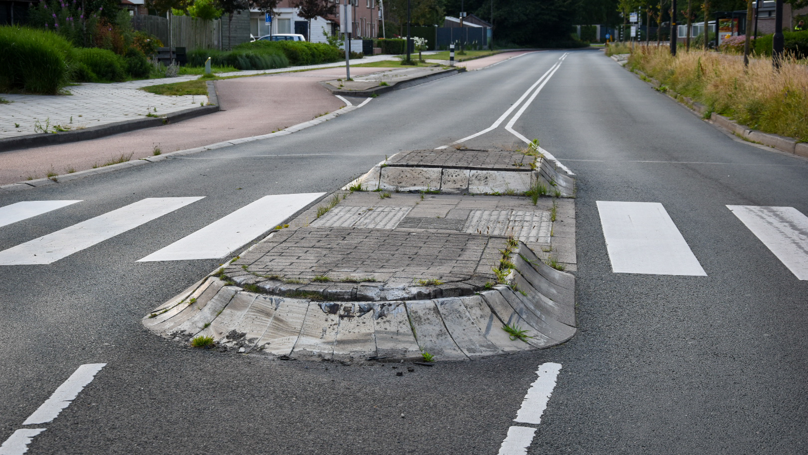 Een verkeersdrempel met een verhoogd plateau en beplanting aan de zijkant, gelegen op een rustige straat omgeven door huizen en bomen.