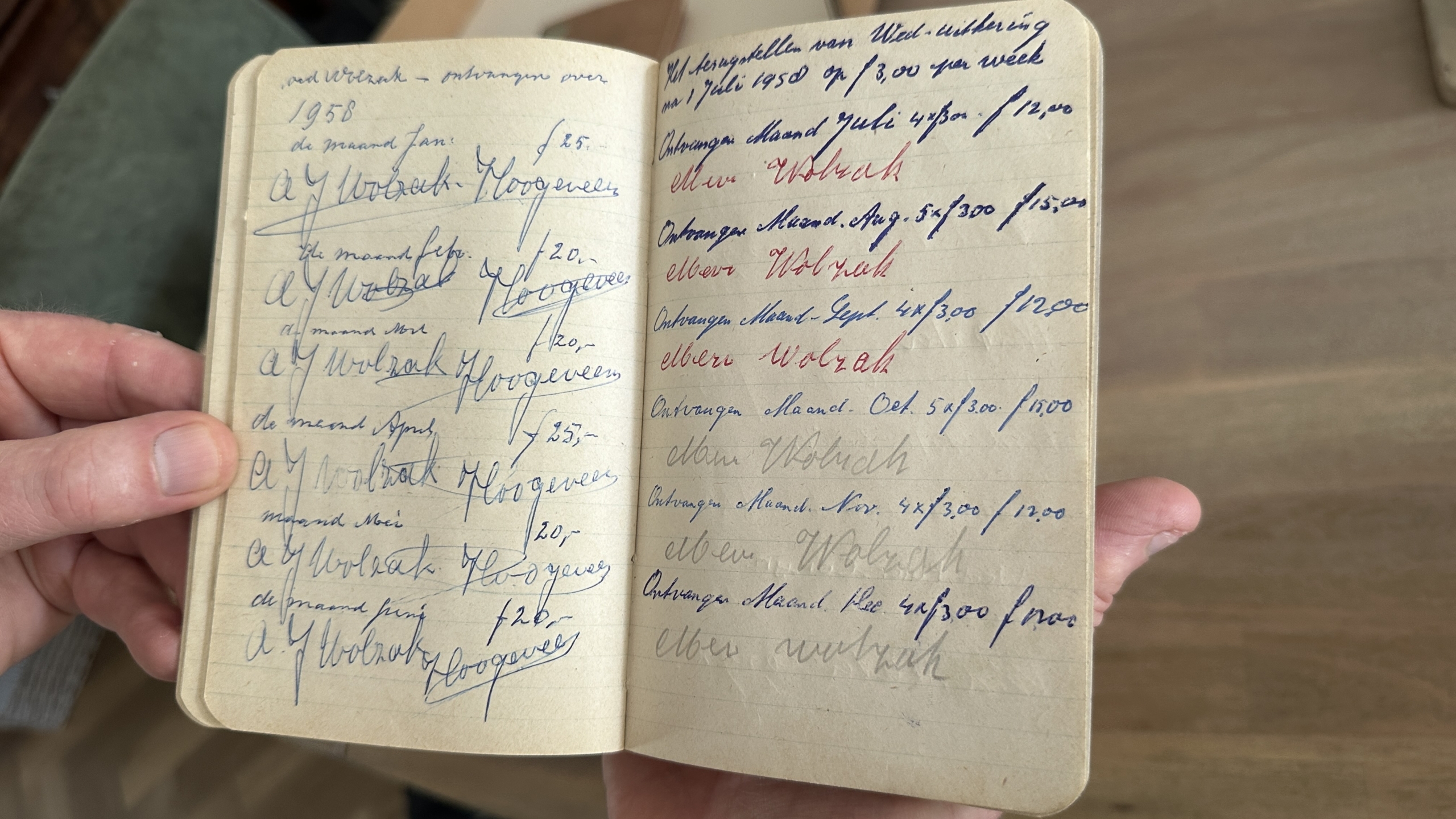 Persoon houdt een open notitieboek vast vol met handgeschreven teksten in blauwe en rode inkt, met financiële notities en datums uit 1958.