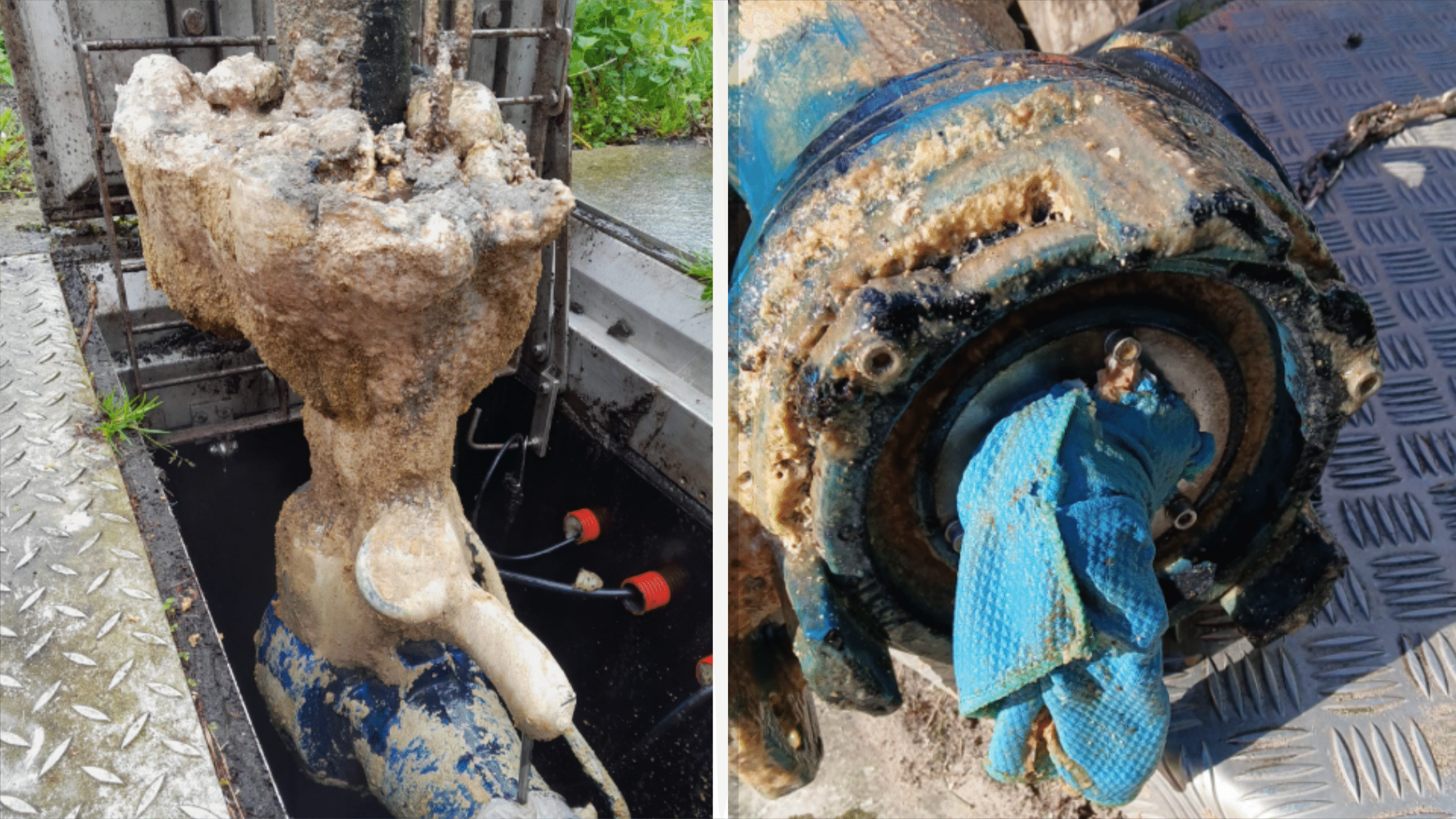 Twee foto's van een zwaar vervuilde waterpomp met dikke accumulaties van vet en vuil, gelegen op een metalen oppervlak bij een waterweg. De eerste foto toont de hele pomp met een grote vettige obstructie, terwijl de tweede foto een close-up van de verontreinigde motoronderdelen toont, gedeeltelijk bedekt met een blauwe doek.