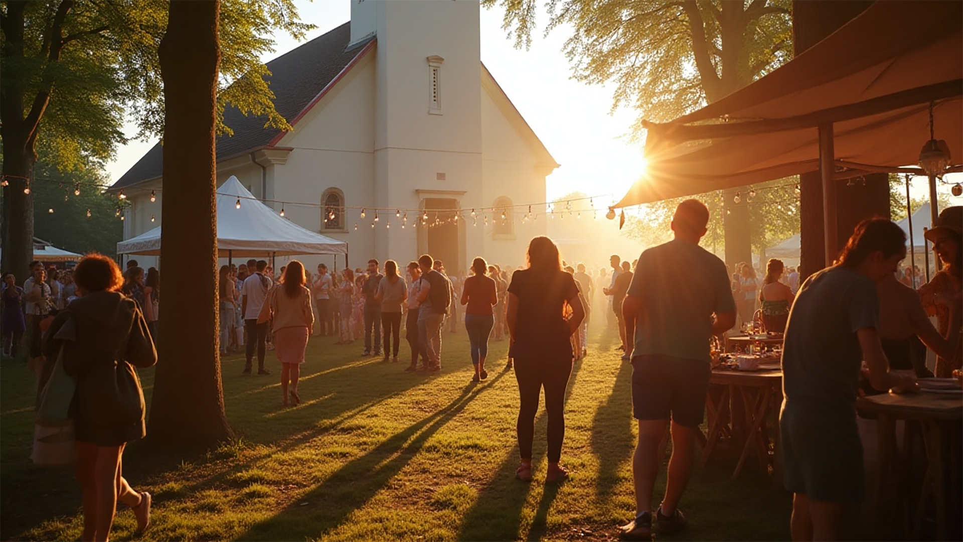 Mensen verzamelen zich buiten bij een kerk tijdens een buitenevenement bij zonsondergang, met feestverlichting en kraampjes verspreid over het grasveld.