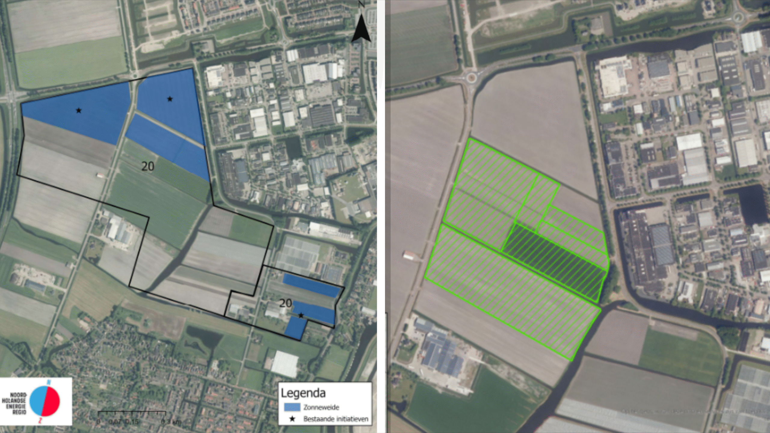 Twee luchtfoto's van hetzelfde gebied, links en rechts. De linkerfoto toont het gebied met blauwe gemarkeerde vakken en een legenda die "Zonnewijde" en "Bestaande initiatieven" aangeeft. De rechterfoto heeft groene lijnen die vakken over hetzelfde gebied markeren. Beide afbeeldingen tonen landbouwgrond en stedelijke bebouwing.