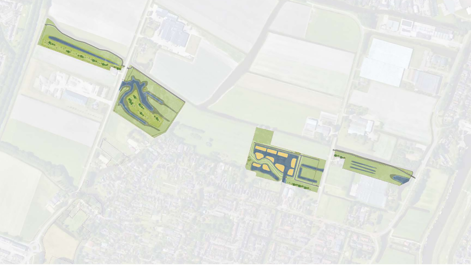 Een plattegrond met diverse groene gebieden en waterwegontwerpen, omgeven door landbouwpercelen en stedelijke bebouwing, met opvallende kronkelige waterwegen en grasvelden in vier afzonderlijke secties.