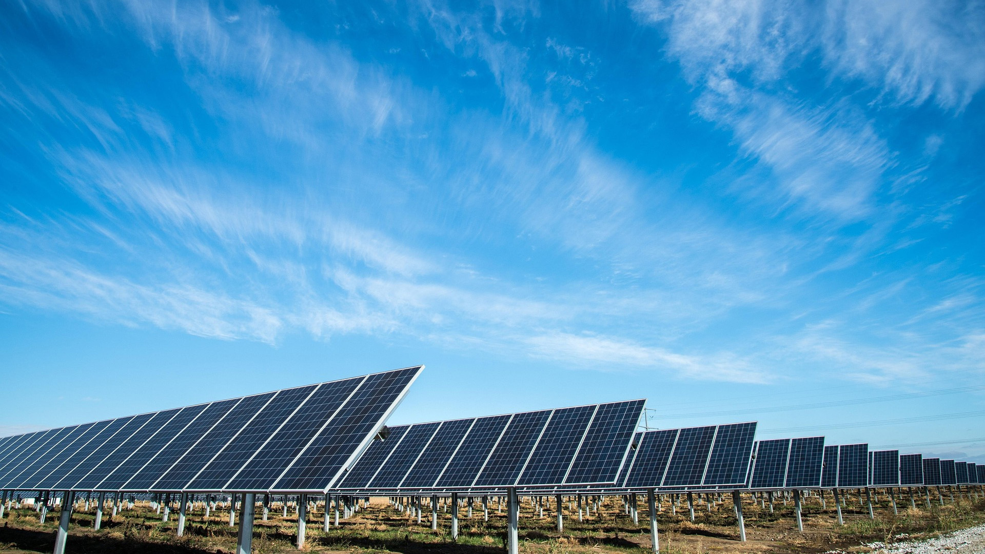 Een veld met rijen zonnepanelen onder een heldere blauwe hemel.