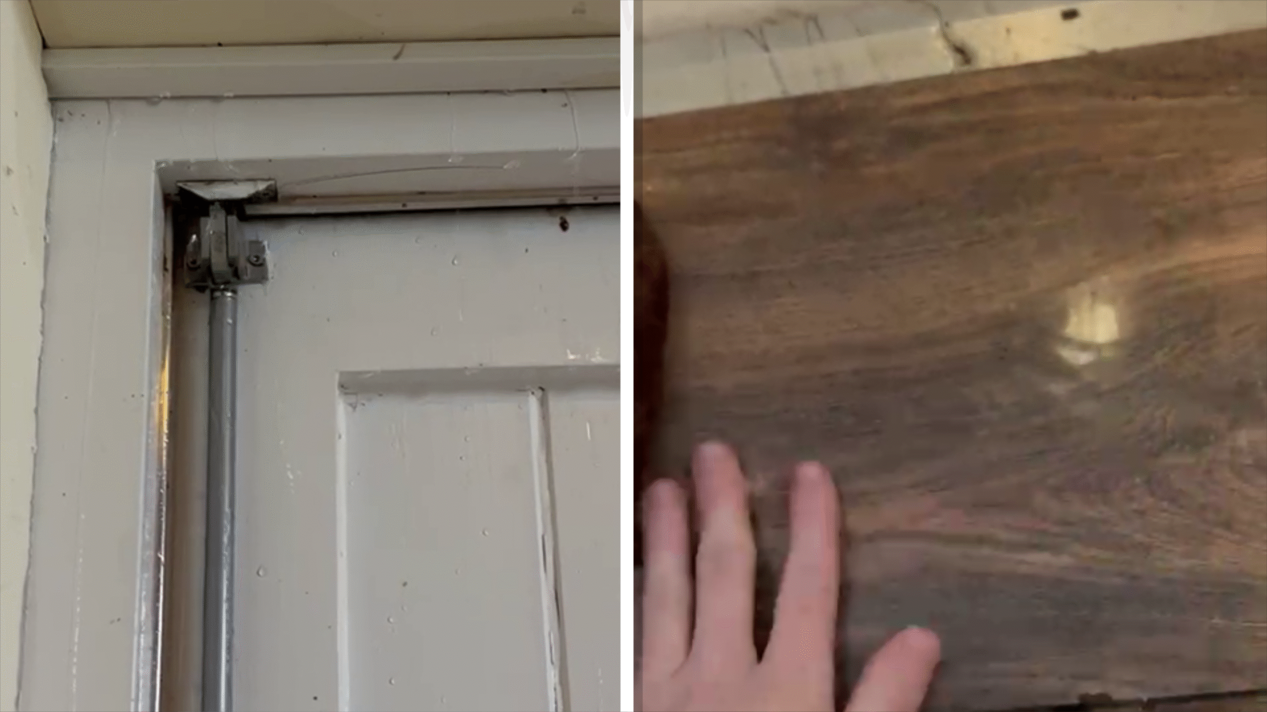 Twee afbeeldingen naast elkaar: links een metalen slotmechanisme bevestigd aan een witte houten deur, rechts een hand die over een houten oppervlak met een donkere nerf veegt.