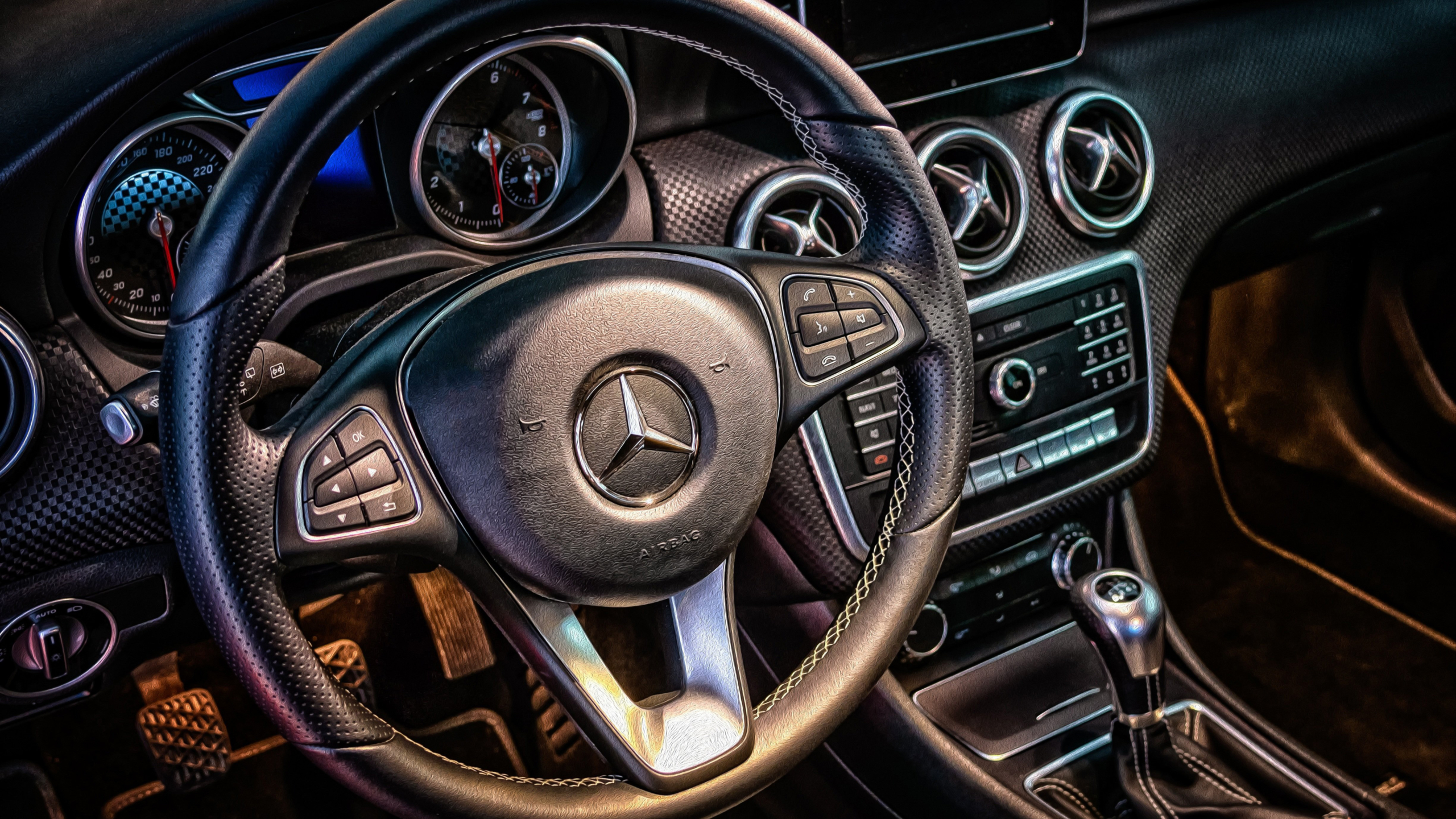 Stuur en dashboard van een Mercedes-Benz met zichtbaar logo, elegante knoppen en klassieke wijzerplaten.