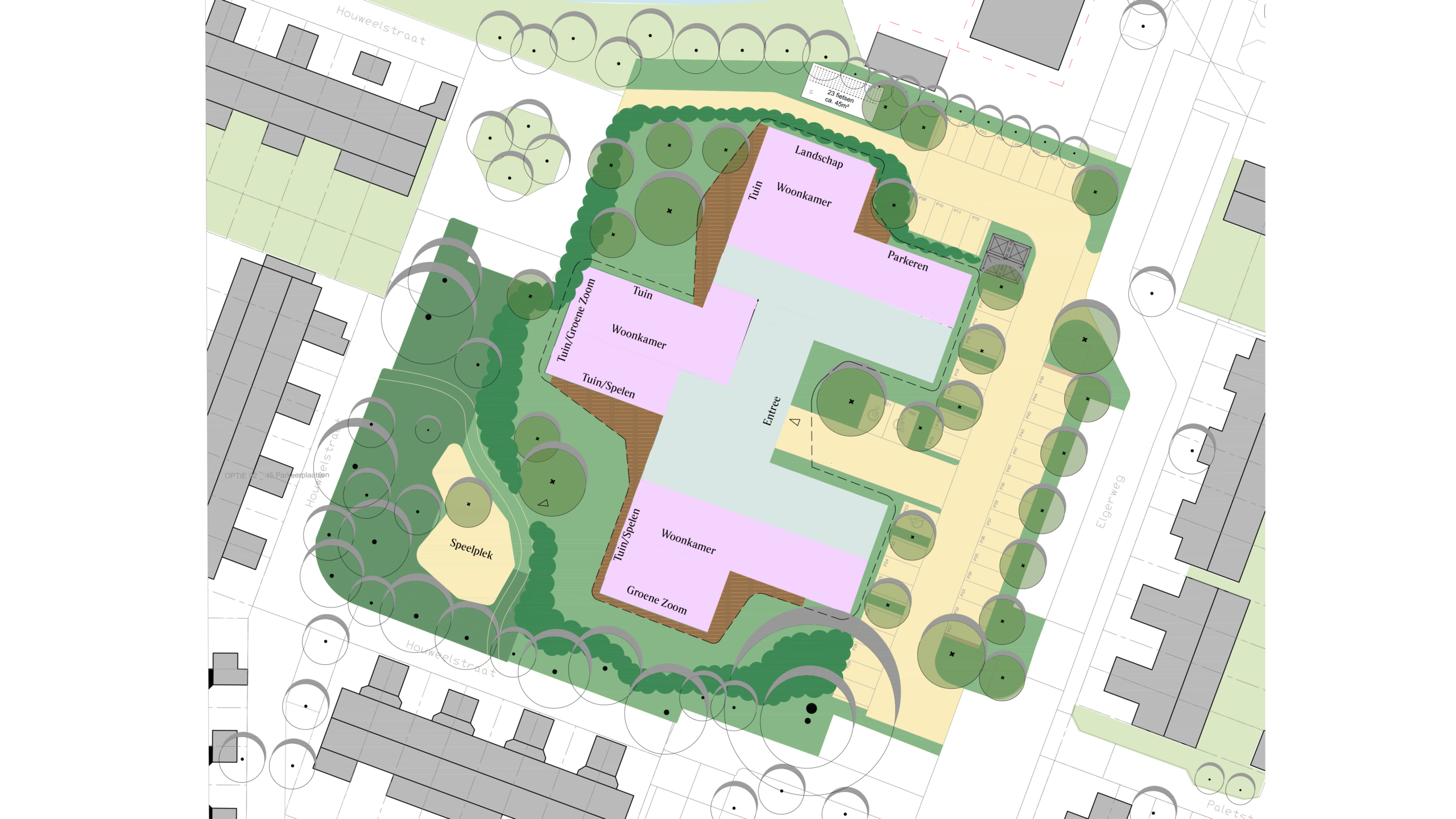 Plattegrond van een gebouwcomplex met aangelegde tuinen, speelplekken en parkeerplaatsen, tussen de straten Houweelstraat en Eggerweg. Verschillende zones zijn gemarkeerd voor woonkamers en groene ruimtes.