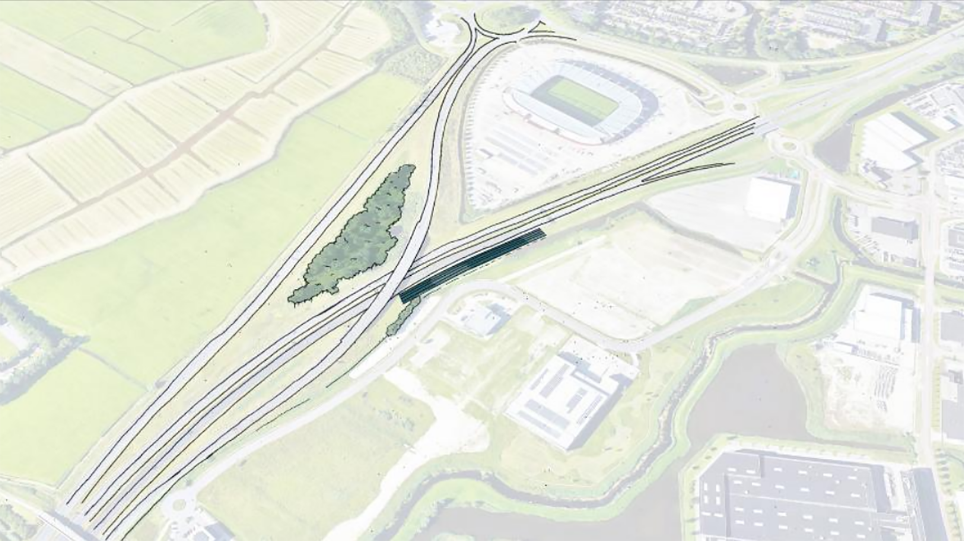 Diagram van een snelwegknooppunt en omgeving met wegen, groenstroken en een stadion duidelijk in beeld.