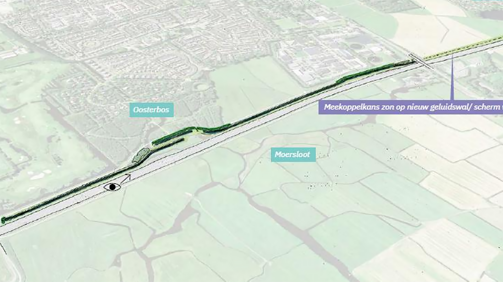 Illustratie van een gebied met een nieuw geluidsscherm nabij een snelweg, met labels voor 'Oosterbos', 'Moersloot', en een zone voor zonnekoppeling op de geluidwal.