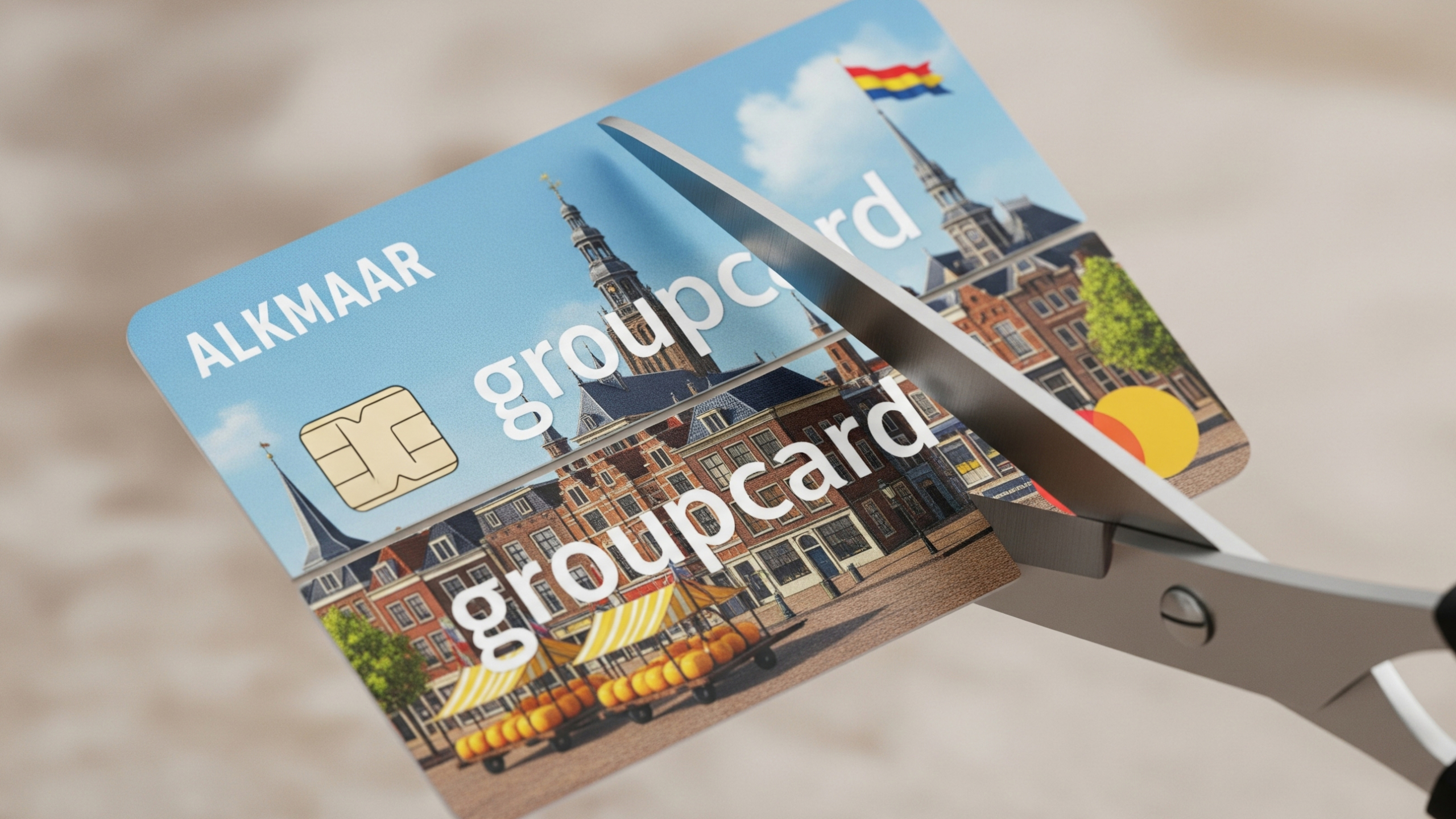 Een schaar knipt een creditcard met de tekst 'ALKMAAR groupcard' en een afbeelding van een historisch gebouw op de achtergrond.