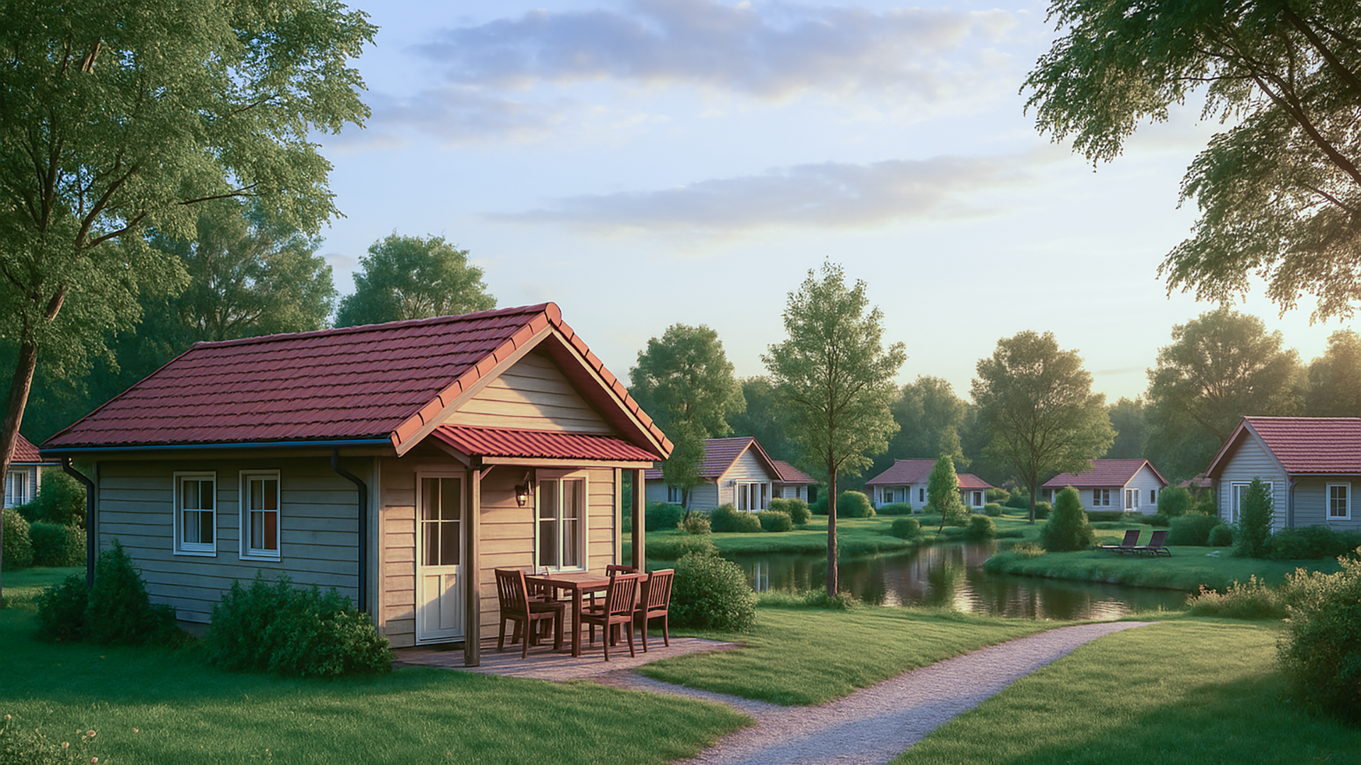 Kleine houten huisjes met rode daken staan verspreid langs een kronkelend pad in een groene, landelijke omgeving met bomen en een vijver.