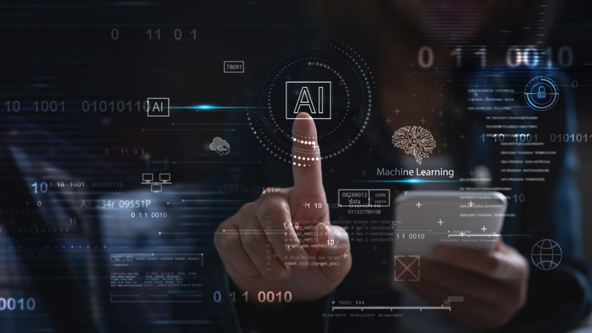 Een persoon bedient een smartphone terwijl hij een virtuele AI-knop aanraakt, omgeven door verlichte iconen en termen zoals 'Machine Learning'.