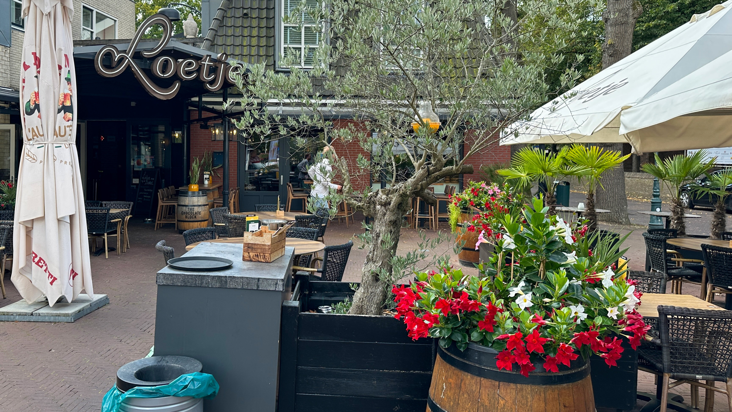 Terras van een restaurant met de naam "Loetje", omgeven door tafels, stoelen, houten wijnvaten met kleurrijke bloemen en een olijfboom. Er zijn ook grote parasols zichtbaar.
