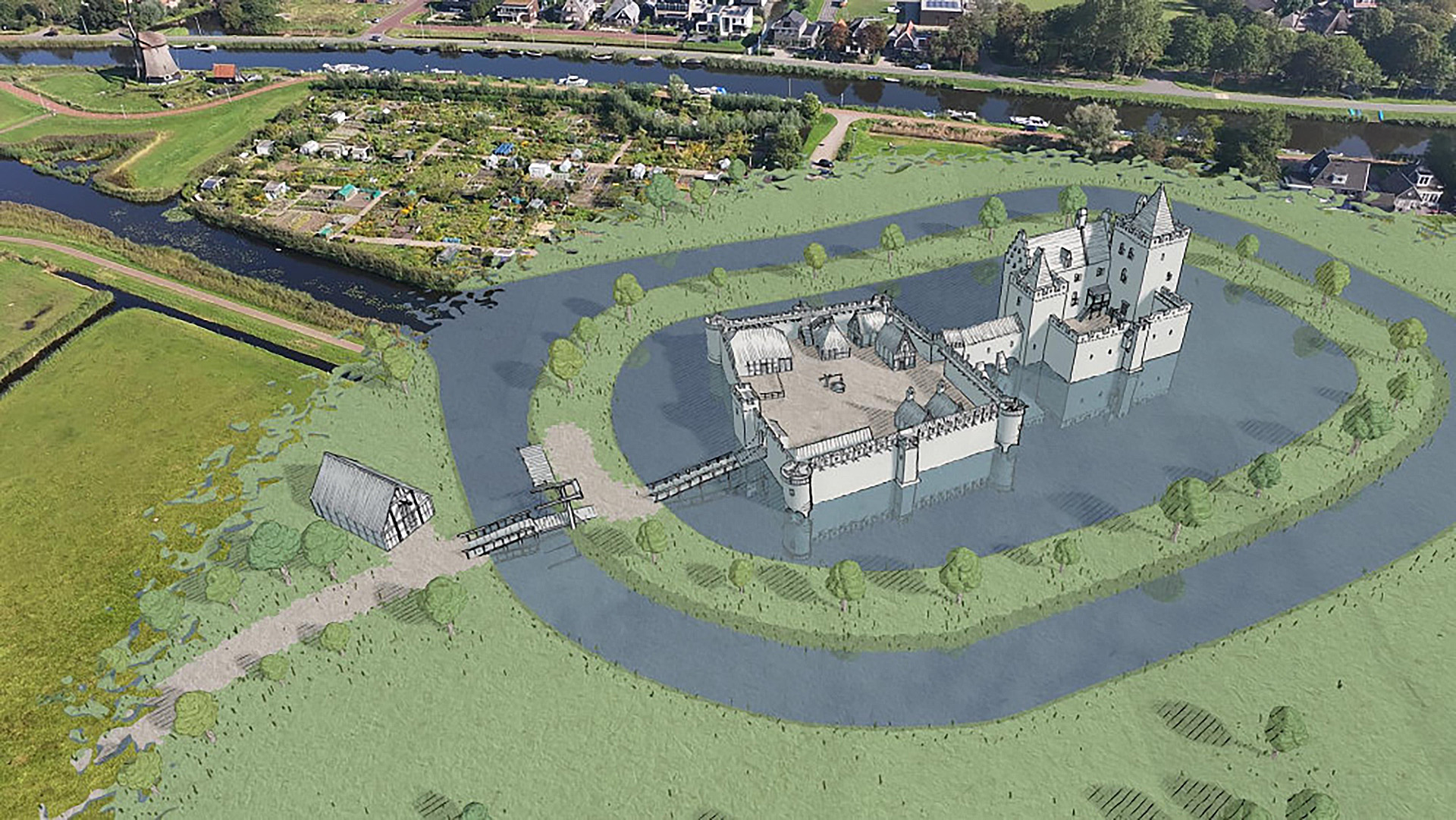 Een luchtbeeld van een herbouwde historische kasteel met een gracht eromheen, omgeven door groen landschap en dicht bij een dorp en waterwegen.