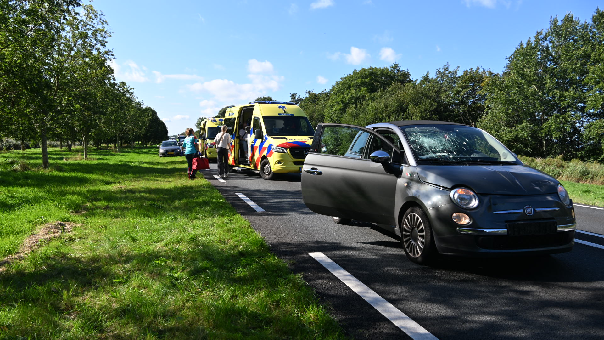 Een beschadigde zwarte auto met een ingedeukte motorkap en bekraste voorruit staat stil op de weg, terwijl achter de auto een ambulance geparkeerd staat met geopende deuren en paramedici die zich voorbereiden om hulp te bieden. Het tafereel is gesitueerd langs een groene berm met bomen op een zonnige dag.