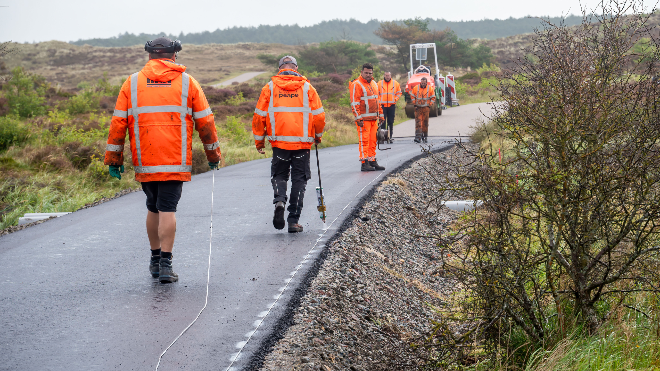 Werkers in fluorescerende oranje jassen leggen een lijn langs een geasfalteerd pad in een natuurlijke omgeving.