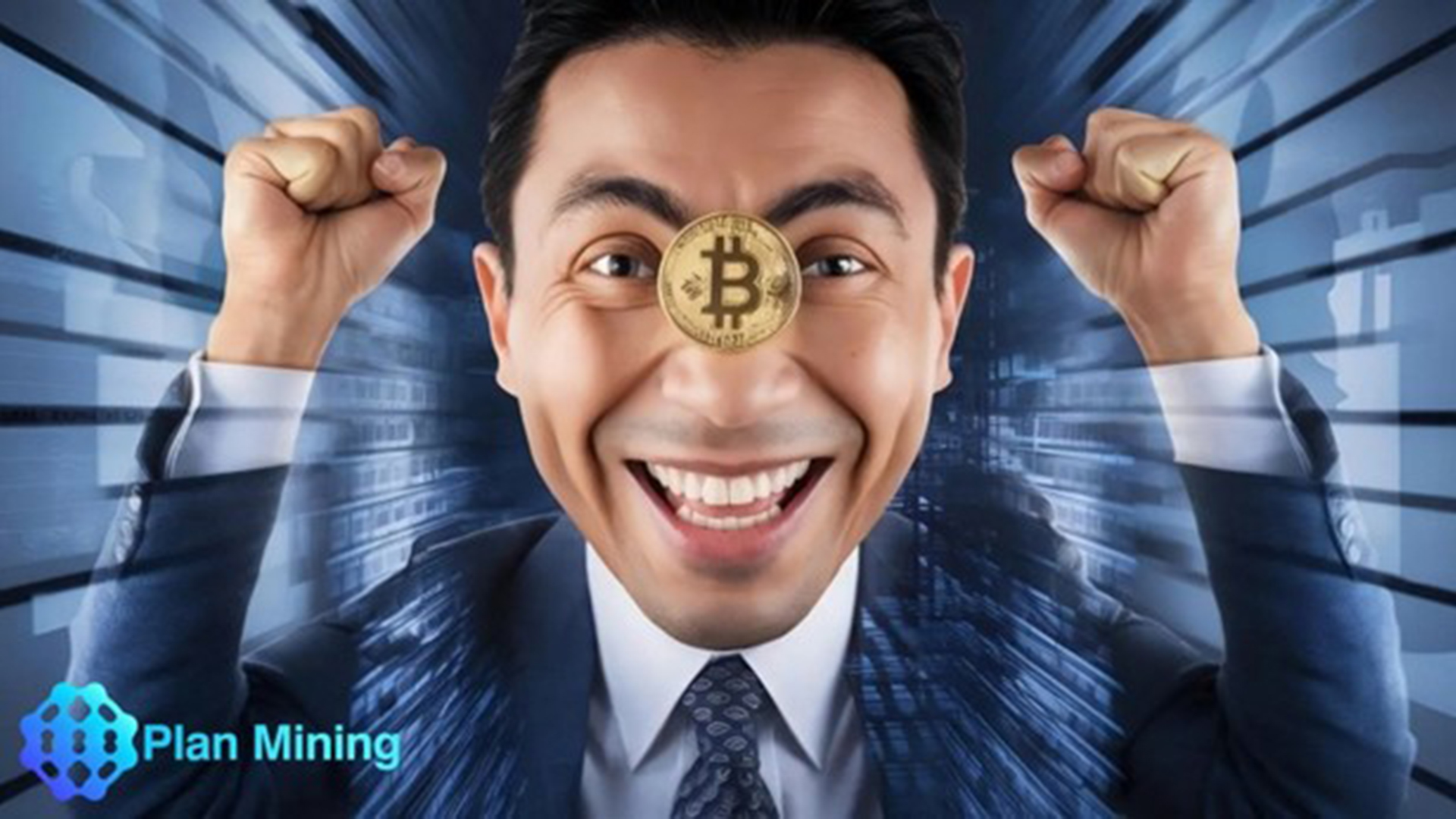 Man in pak lacht breed terwijl hij een gouden Bitcoin-munt voor zijn oog houdt, met gebalde vuisten en onscherpe achtergrond met technologie-achtige elementen. Rechtsonder is het logo van Plan Mining zichtbaar.
