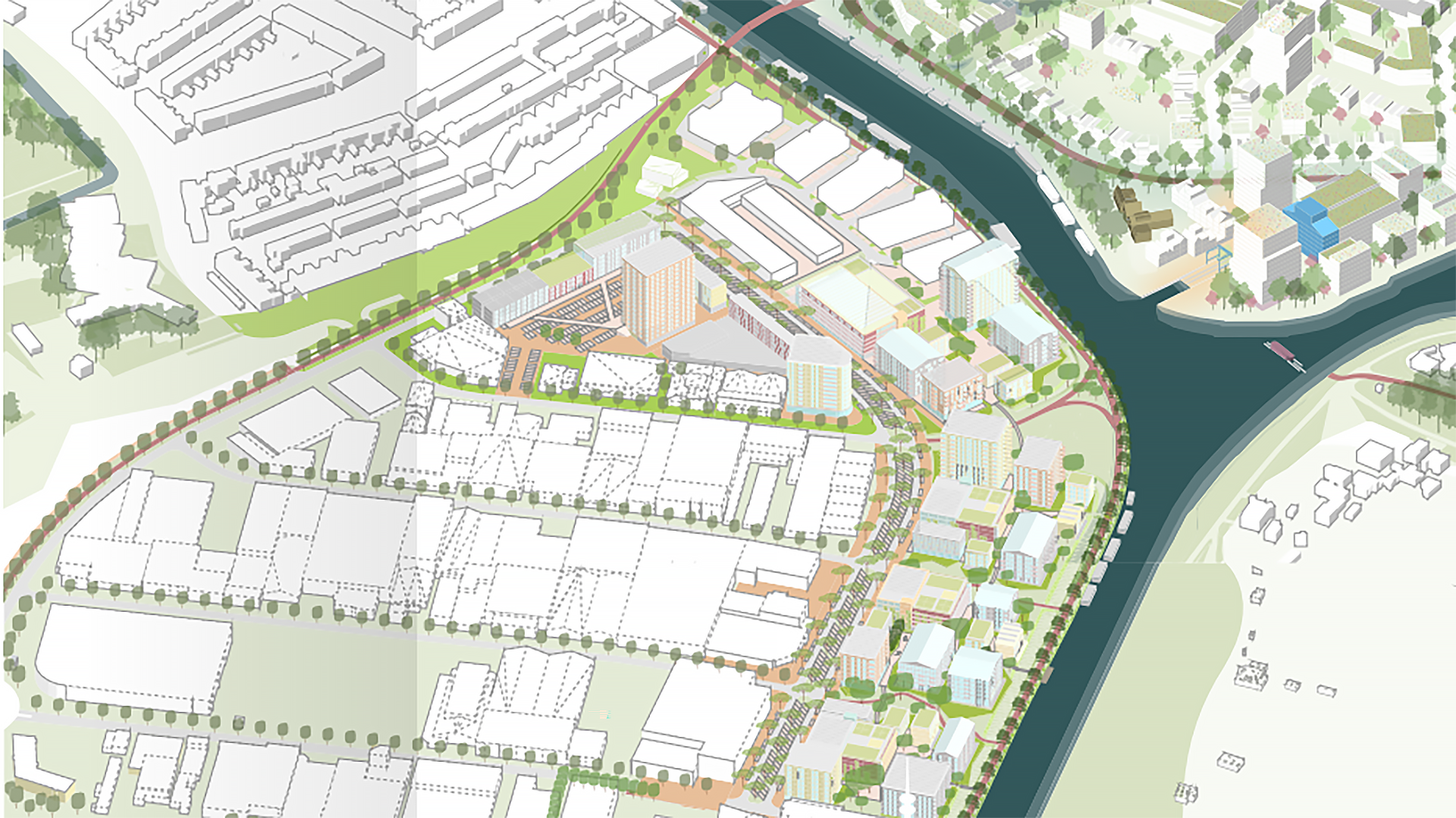Architectonische plattegrond van een stedelijk gebied met verschillende gebouwen, groene zones en een rivier die het gebied doorkruist. Er zijn verschillende straten en paden zichtbaar langs de oevers en door de wijken.