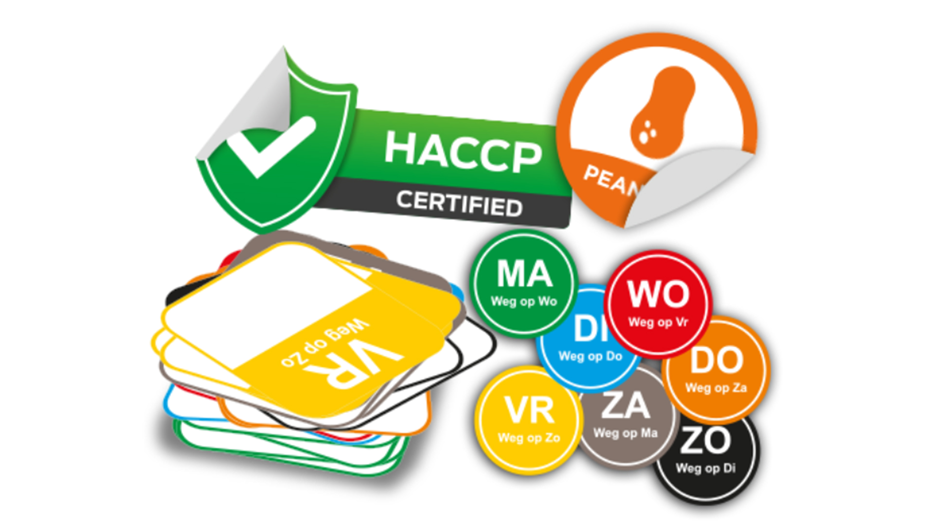 Een afbeelding van ronde etiketten met dagen van de week en de tekst 'Weg op X', naast een HACCP-certificaat en een sticker met een pinda en het woord 'PEAN'.