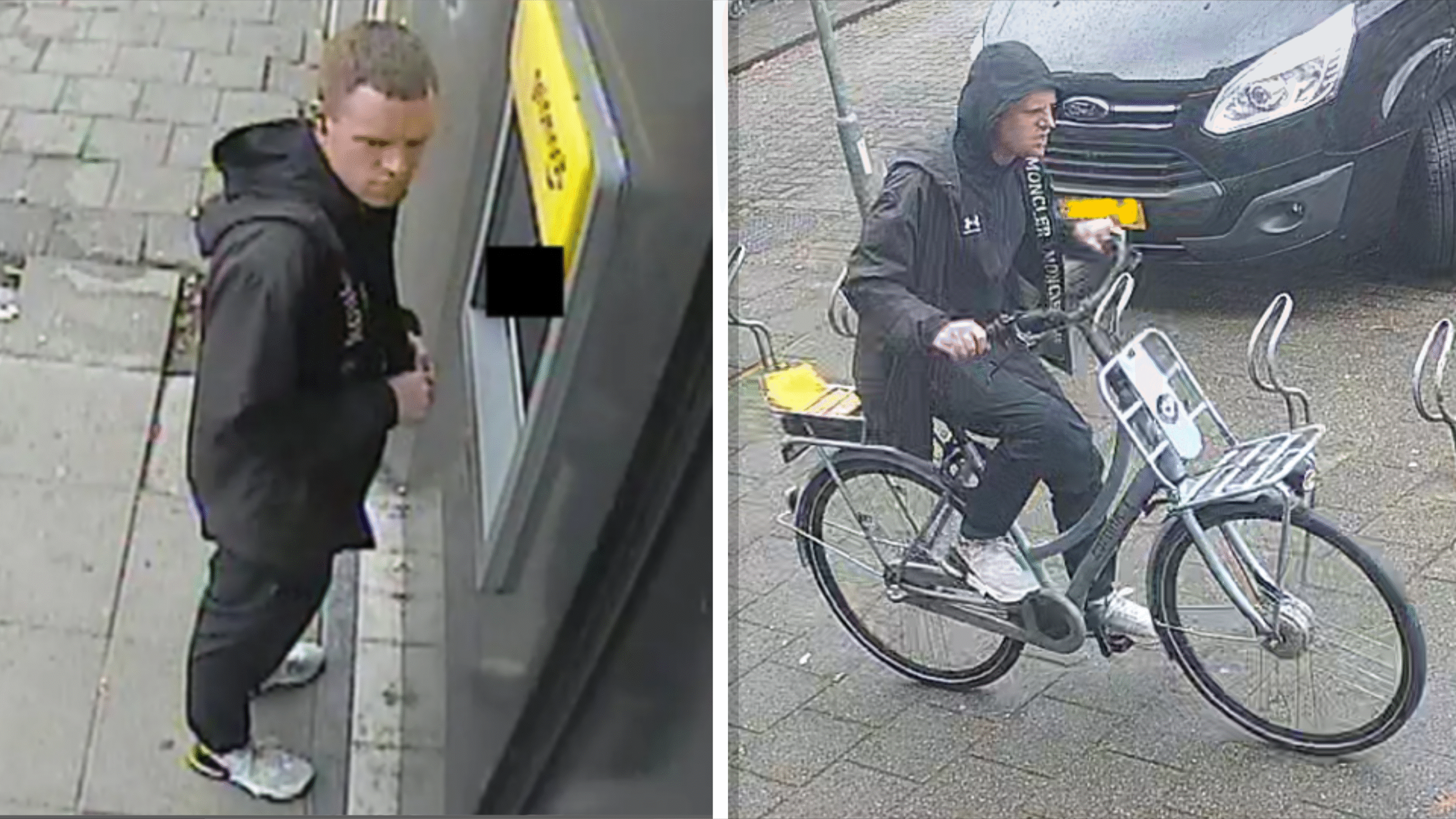 Twee afbeeldingen naast elkaar van een man in een zwarte jas en sportschoenen; links bij een geldautomaat en rechts fietsend op een grijze fiets op een trottoir.