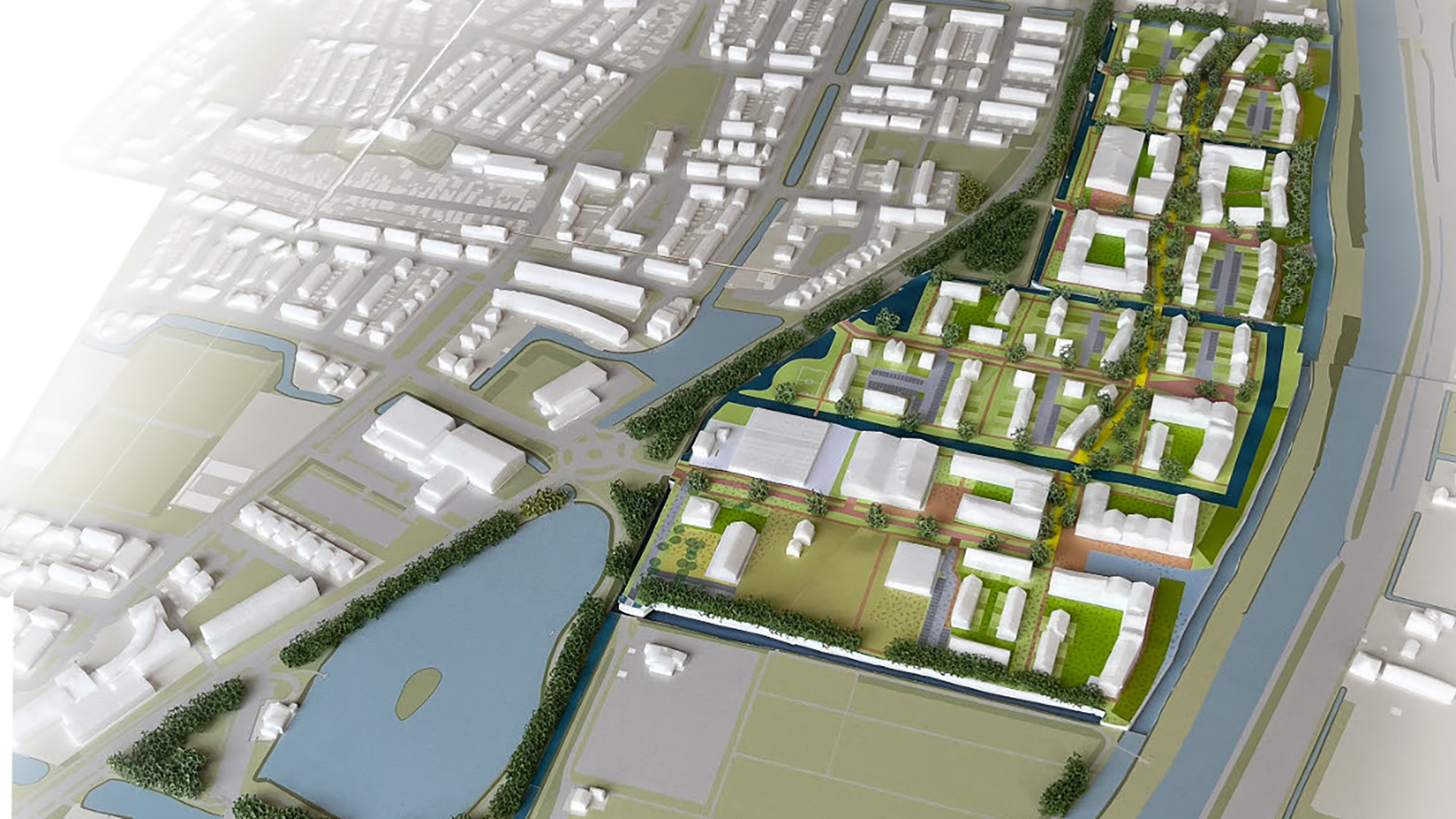 3D-architectuurmodel van een stedelijk gebied met witte gebouwen en groene zones, omringd door wegen en waterwegen, met een park aan de linkerzijde.