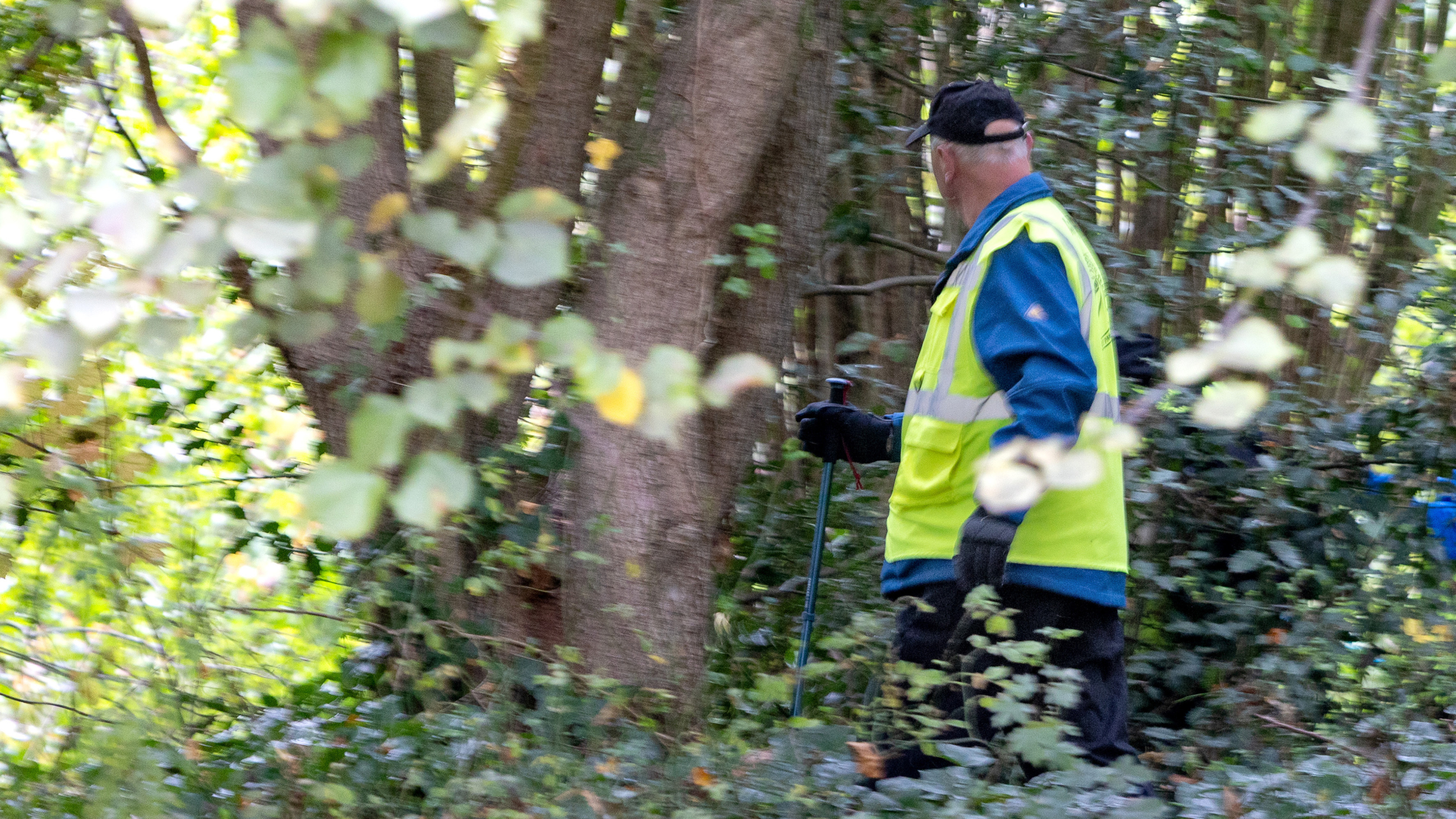 Persoon in een reflecterend veiligheidsvest loopt door een bos met een wandelstok in de hand.