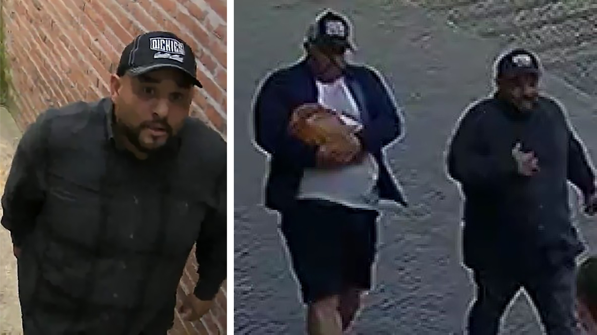 Twee afbeeldingen van een man: links kijkt hij omhoog naar een camera in een smalle steeg, rechts loopt hij met een tweede man over een weg, waar de eerste een object draagt.
