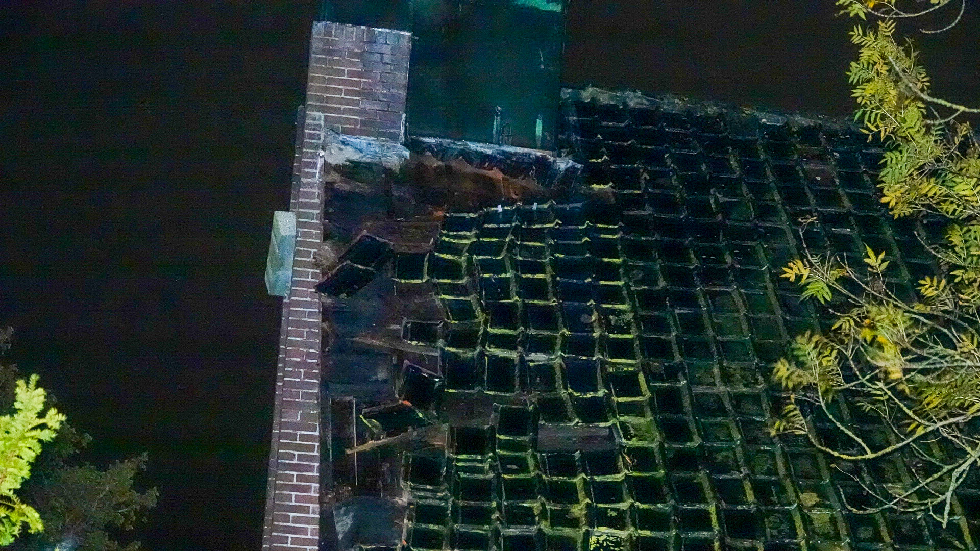 Daken van met mos bedekte dakpannen op een gebouw, gedeeltelijk zichtbaar in het donker met een bakstenen schoorsteen aan de linkerkant en takken van een boom aan de rechterkant.