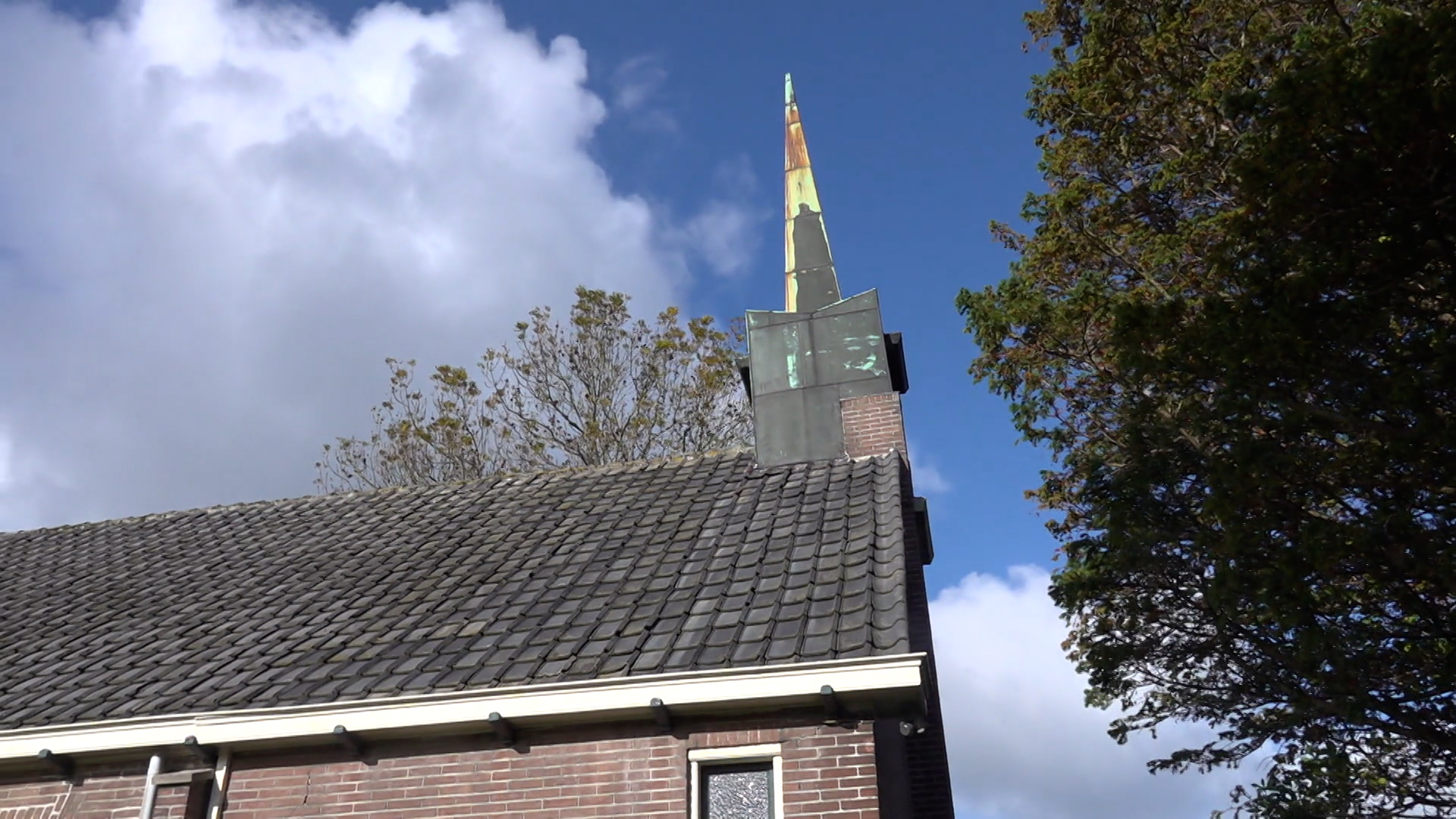 Dak van een stenen gebouw met een torenspits en omliggende bomen onder een bewolkte lucht.