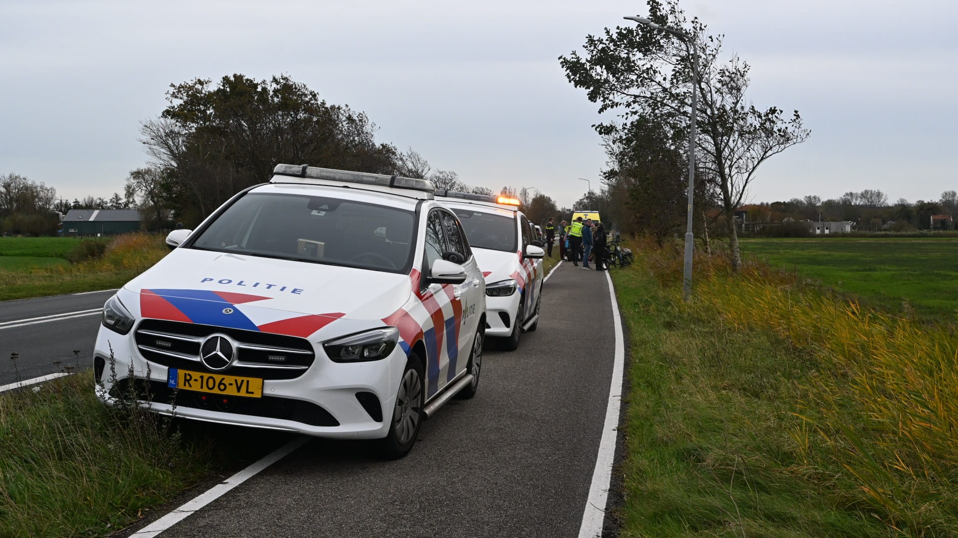 Twee Nederlandse politieauto's staan geparkeerd op een smalle weg naast een grasveld, met mensen en een ambulance op de achtergrond.