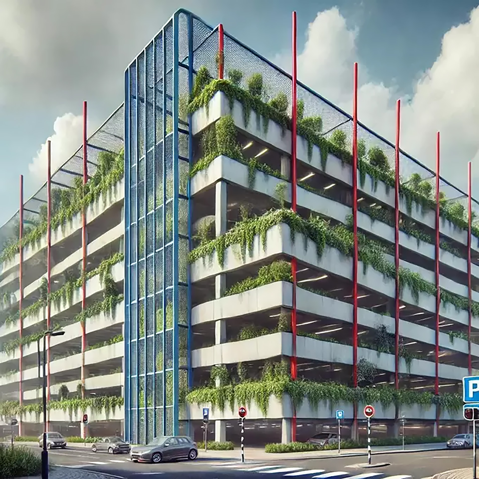 Parkeergarage met meerdere niveaus, bedekt met groene planten langs de zijden, rode verticale palen en een glazen liftgedeelte aan de voorkant.