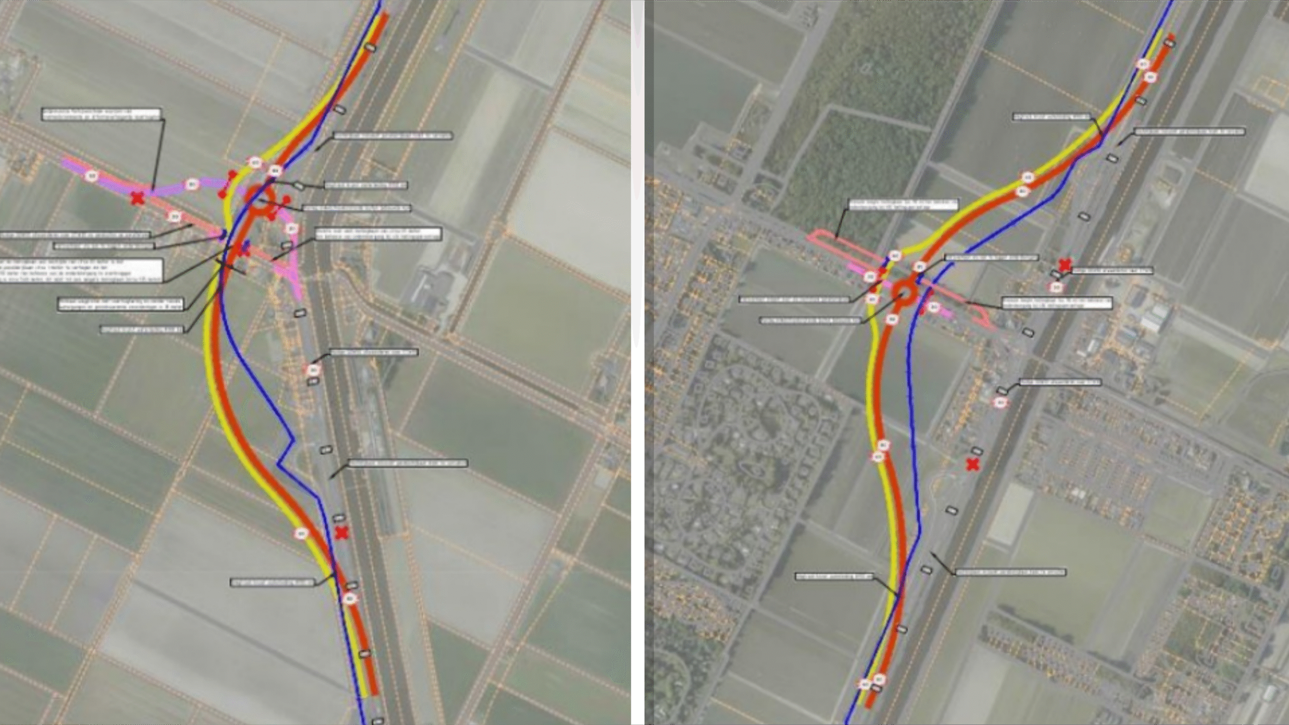 Vergelijking van twee kaartbeelden met route-aanpassingen, beide met wegmarkeringen in rood, geel en blauw, en verschillende annotaties rondom verkeersknooppunten en kruisingen in een landelijk gebied.