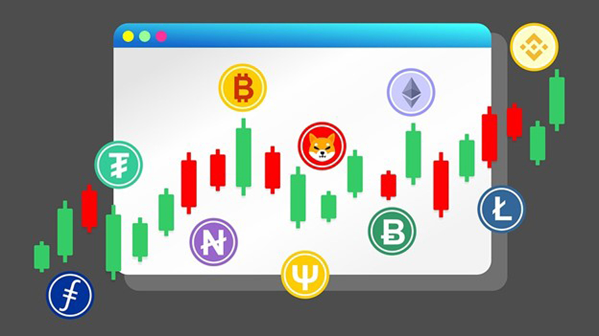 Illustratie van een grafiek met groene en rode candlesticks, omringd door verschillende cryptocurrency-symbolen op een donkergrijze achtergrond.