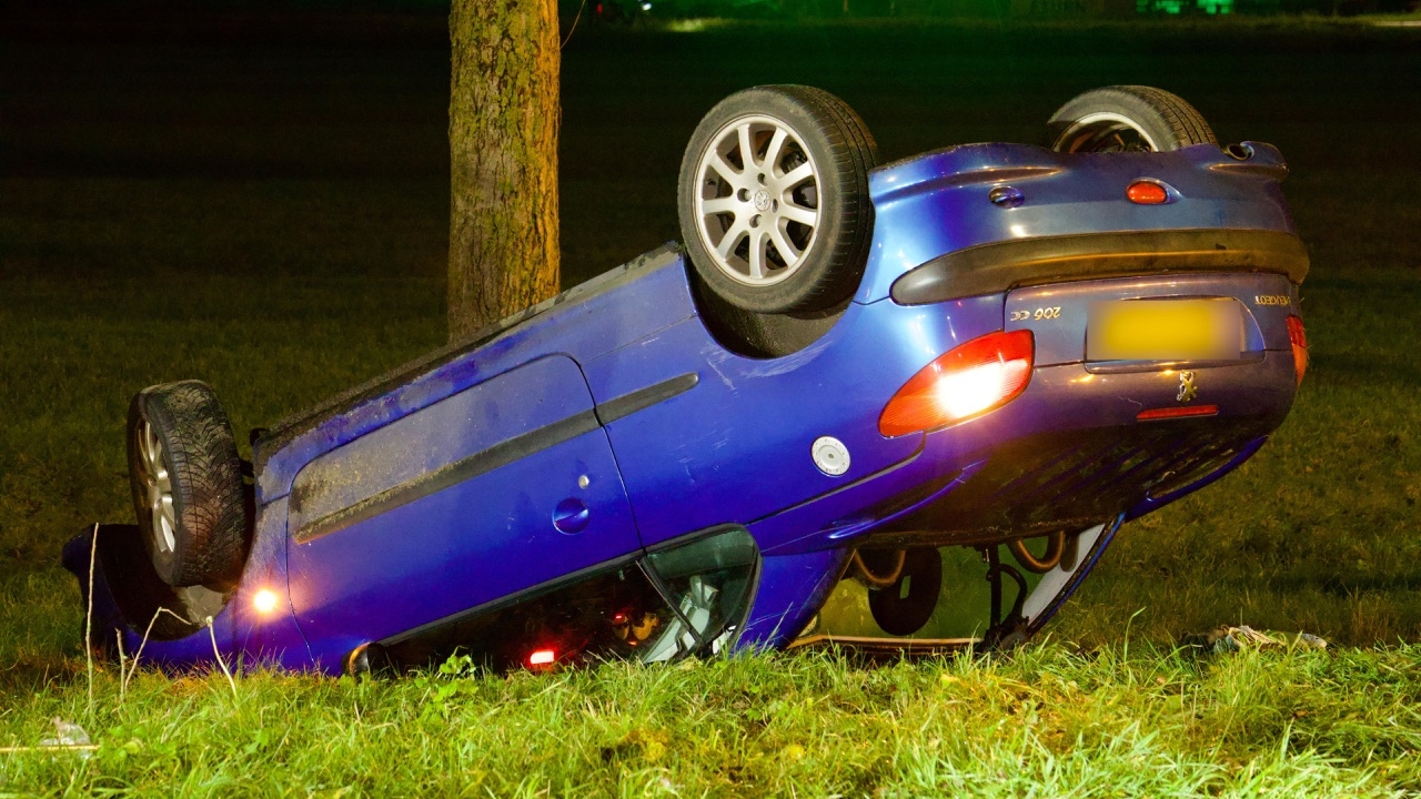 Gekantelde blauwe auto in het gras nabij een boom, gefotografeerd in het donker met groene lichten op de achtergrond.