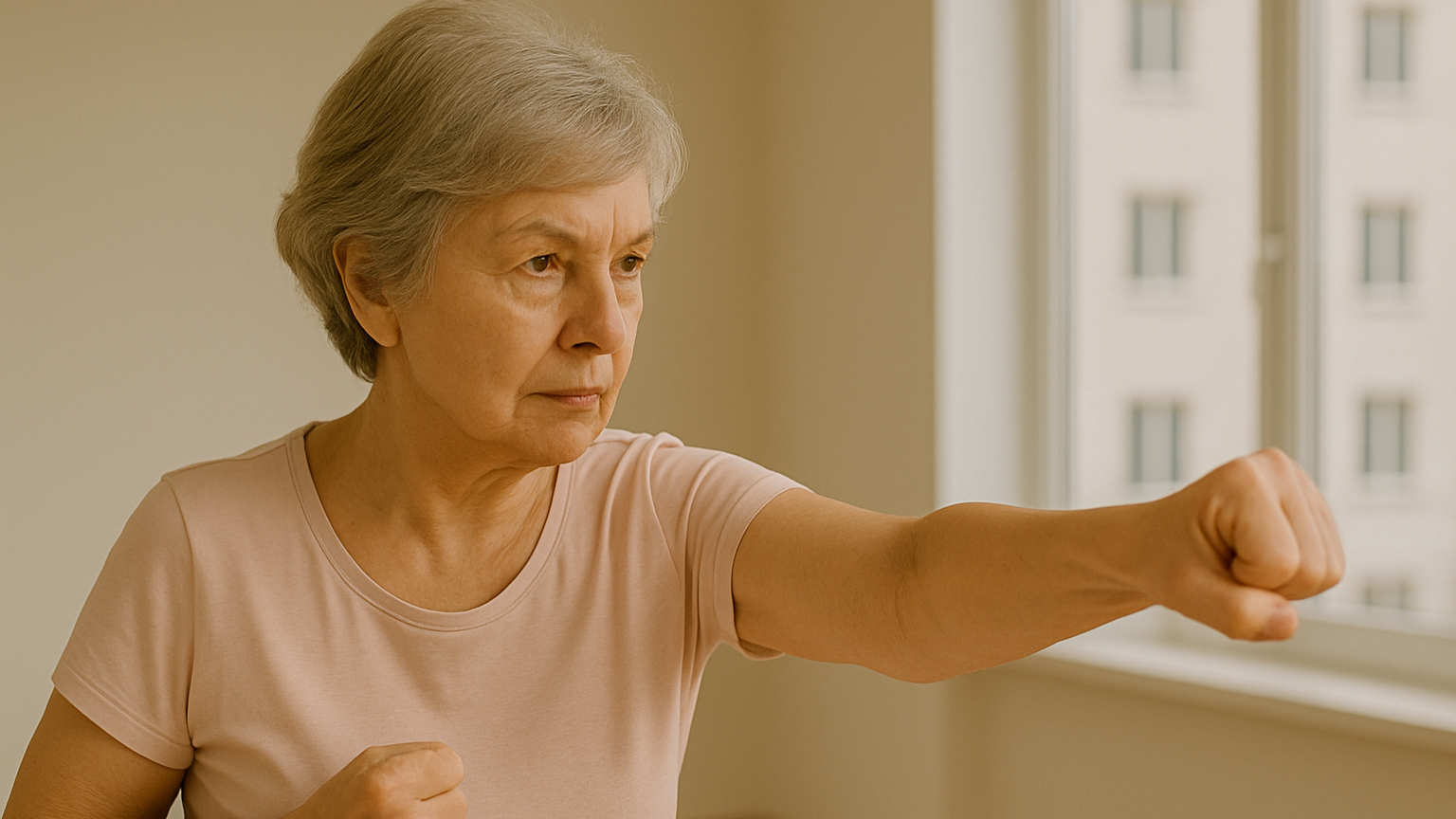 Oudere vrouw in een lichte kamer die met vastberadenheid en concentratie een bokspose aanneemt.
