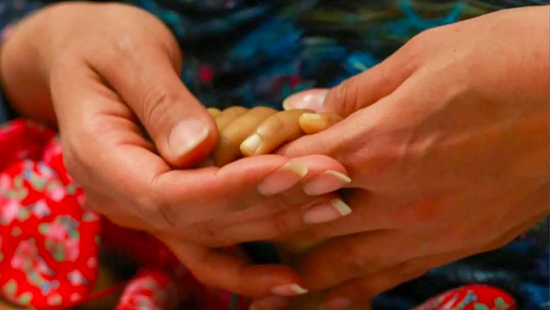 Twee handen houden liefdevol een kleine kinderhand vast, met op de achtergrond kleurrijk textiel in rood en blauw.