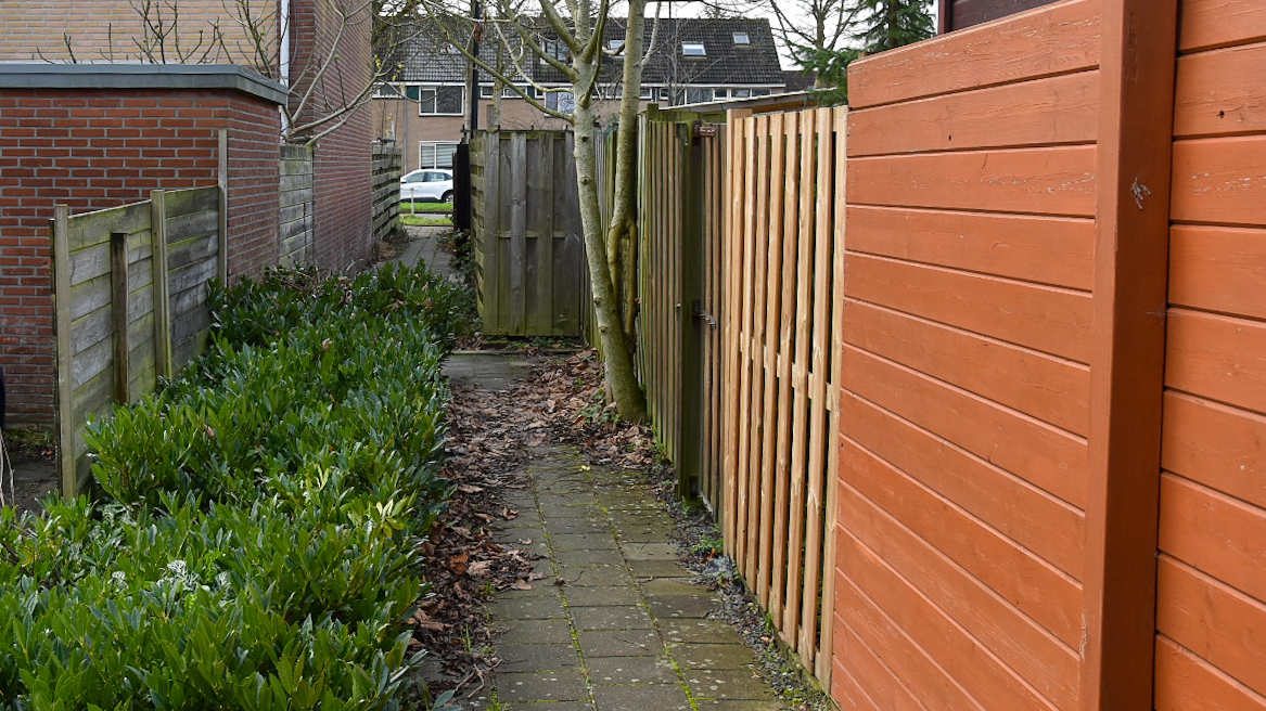 Een smal steegje tussen een huis met bakstenen en houten schuttingen, met aan de linkerkant een blauw hatchback auto. Aan de rechterkant zijn planten en een bruine houten schuur te zien. Een pad van bakstenen loopt langs de huizen en de tuinen.