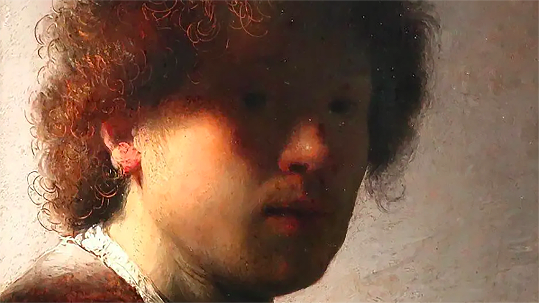 Portret van een persoon met krullend haar, geschilderd in een klassieke stijl, met een zachte belichting en subtiele schaduwen.