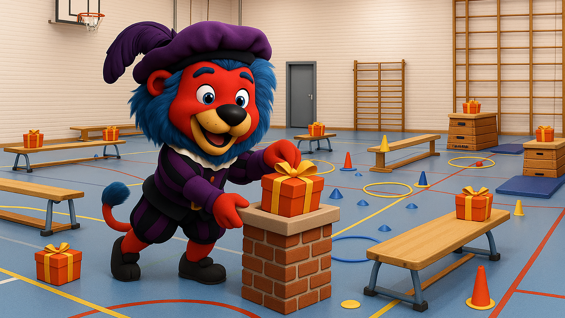 Een vrolijke leeuwenkostuum mascotte zet een cadeautje op een kunstmatige schoorsteen in een gymzaal vol met cadeautjes en sportuitrusting.