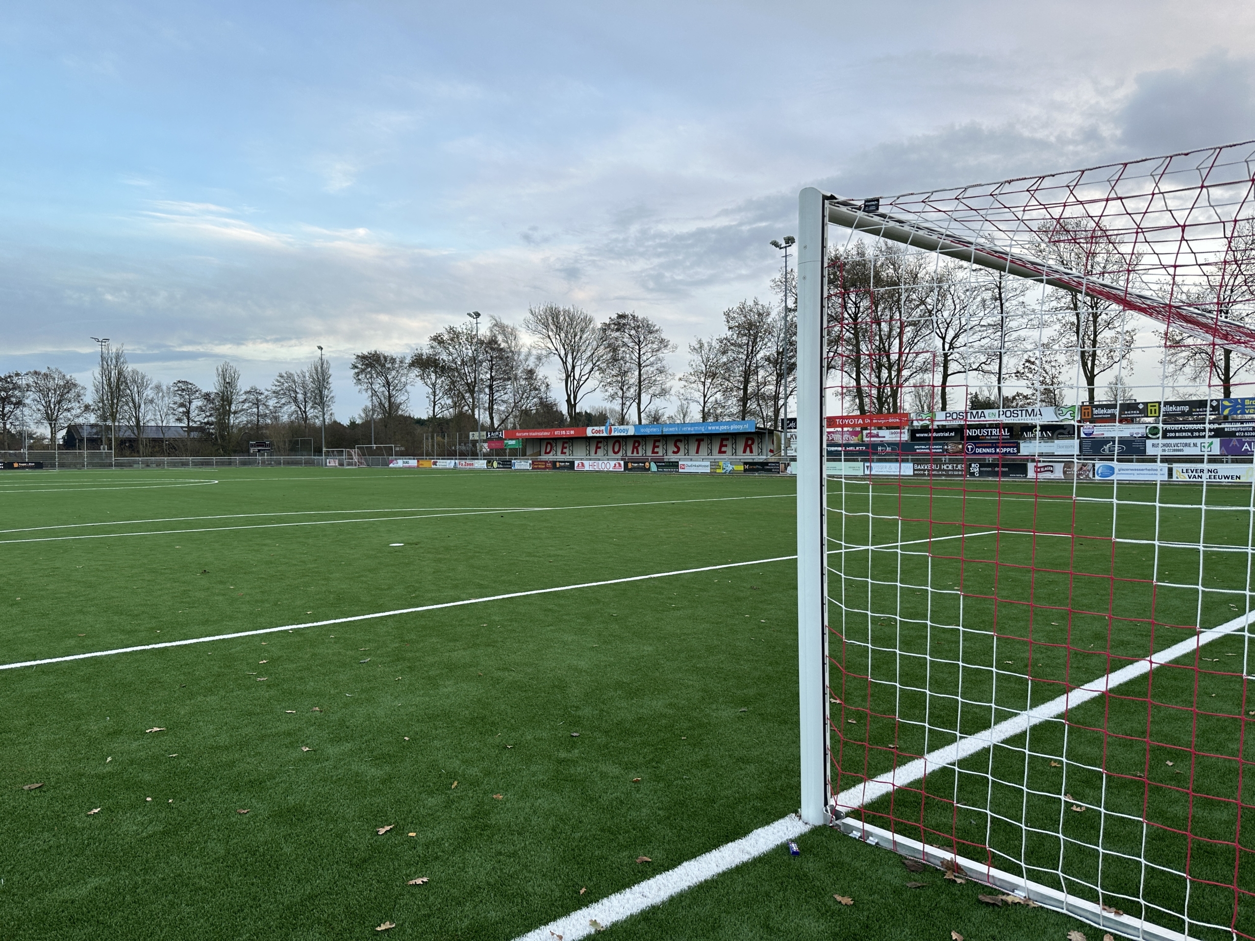 Voetbalveld met een dicht doel op de voorgrond, omgeven door een omheining met reclameborden, en kale bomen op de achtergrond onder een bewolkte lucht.