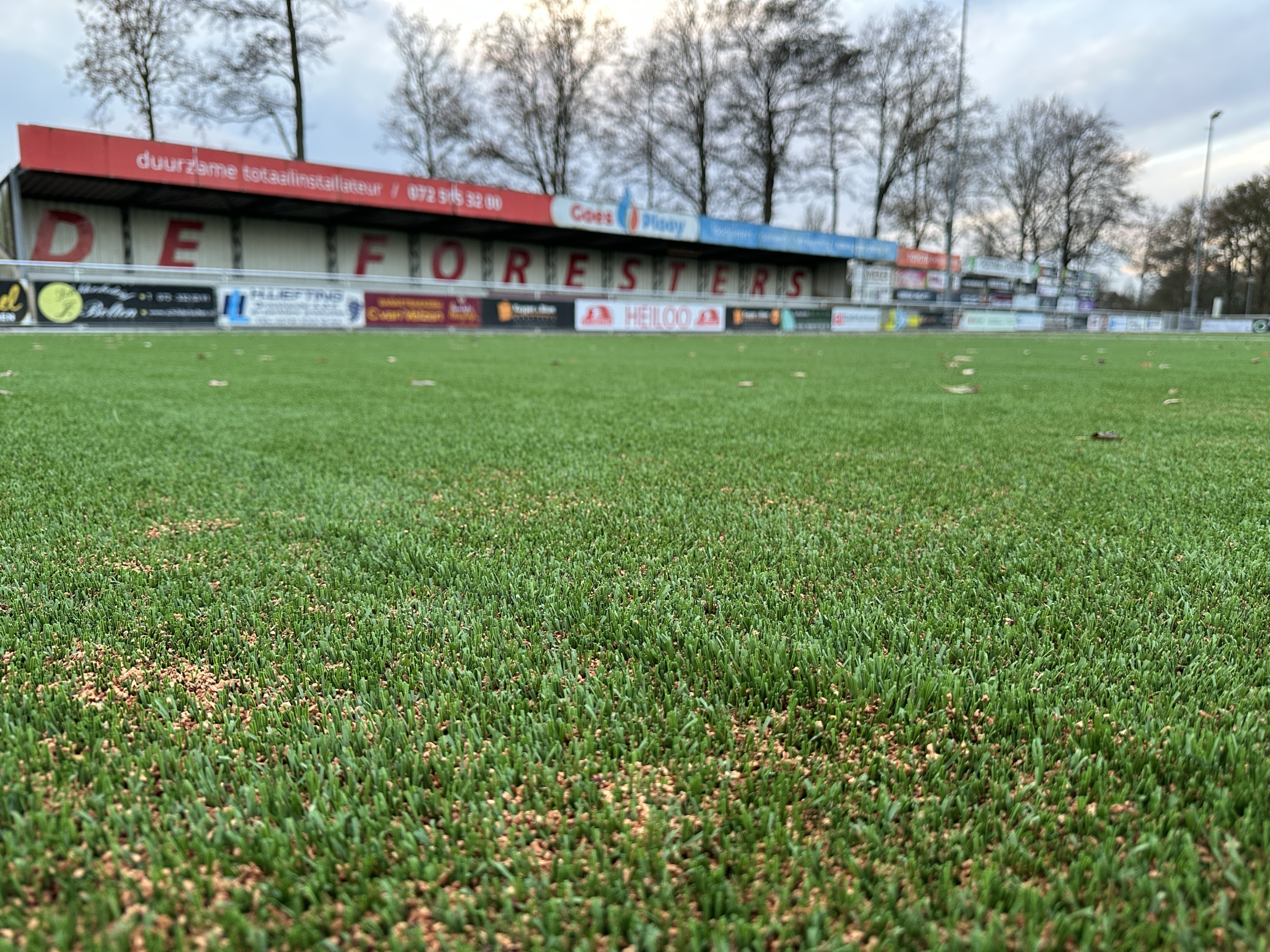 Een close-up van een voetbalveld met kunstgras, op de achtergrond een tribune met de naam 'DE FORESTERS' en reclameborden. Bomen en een bewolkte lucht omringen het stadion.