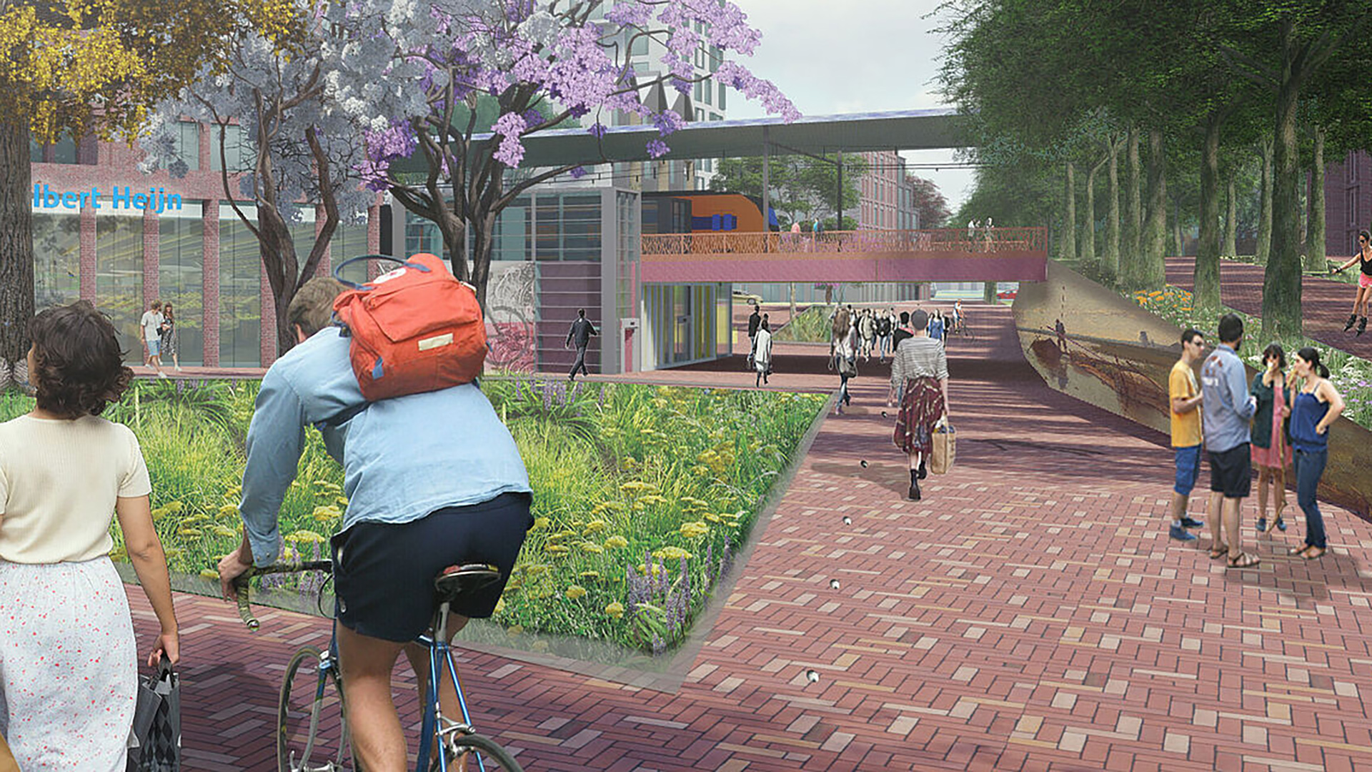 Een fietser en voetgangers op een betegeld pad omgeven door bomen en planten, met een overdekt brugpad op de achtergrond en een gebouw met de naam 'Albert Heijn' in zicht.