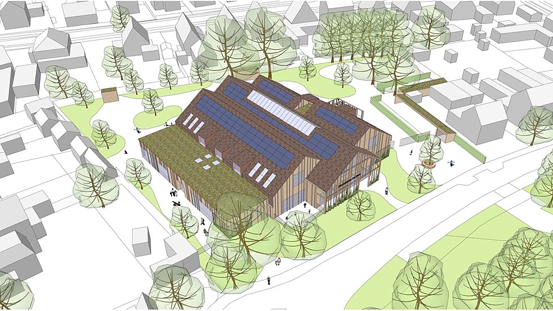 Geïllustreerde plattegrond van een modern gebouw met zonnepanelen op het dak, omringd door bomen en grasvelden in een stedelijke omgeving.