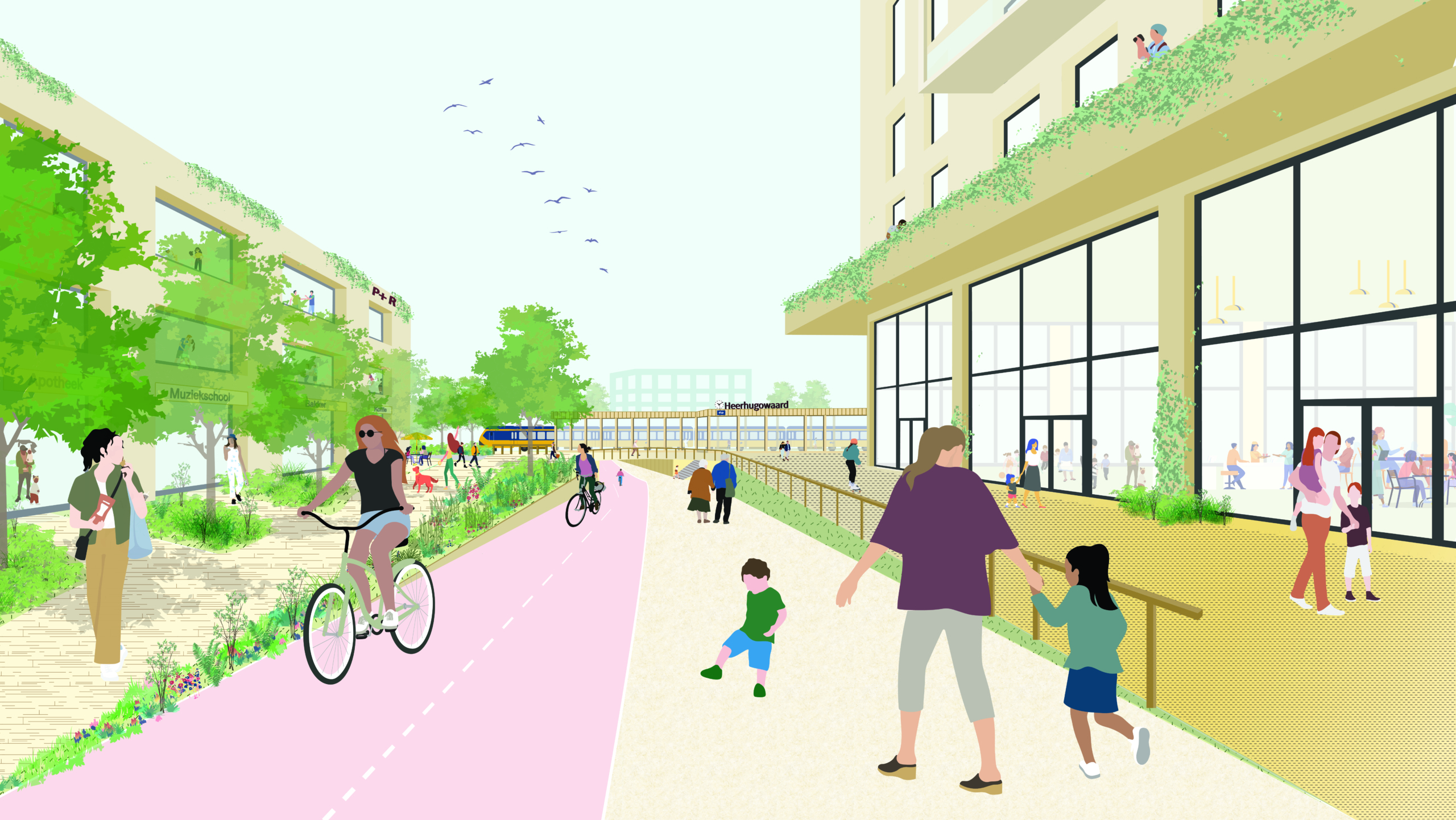 Straatbeeld van een moderne buurt met voetgangers, fietsers, groene plantsoenen en gebouwen met grote ramen en balkons.
