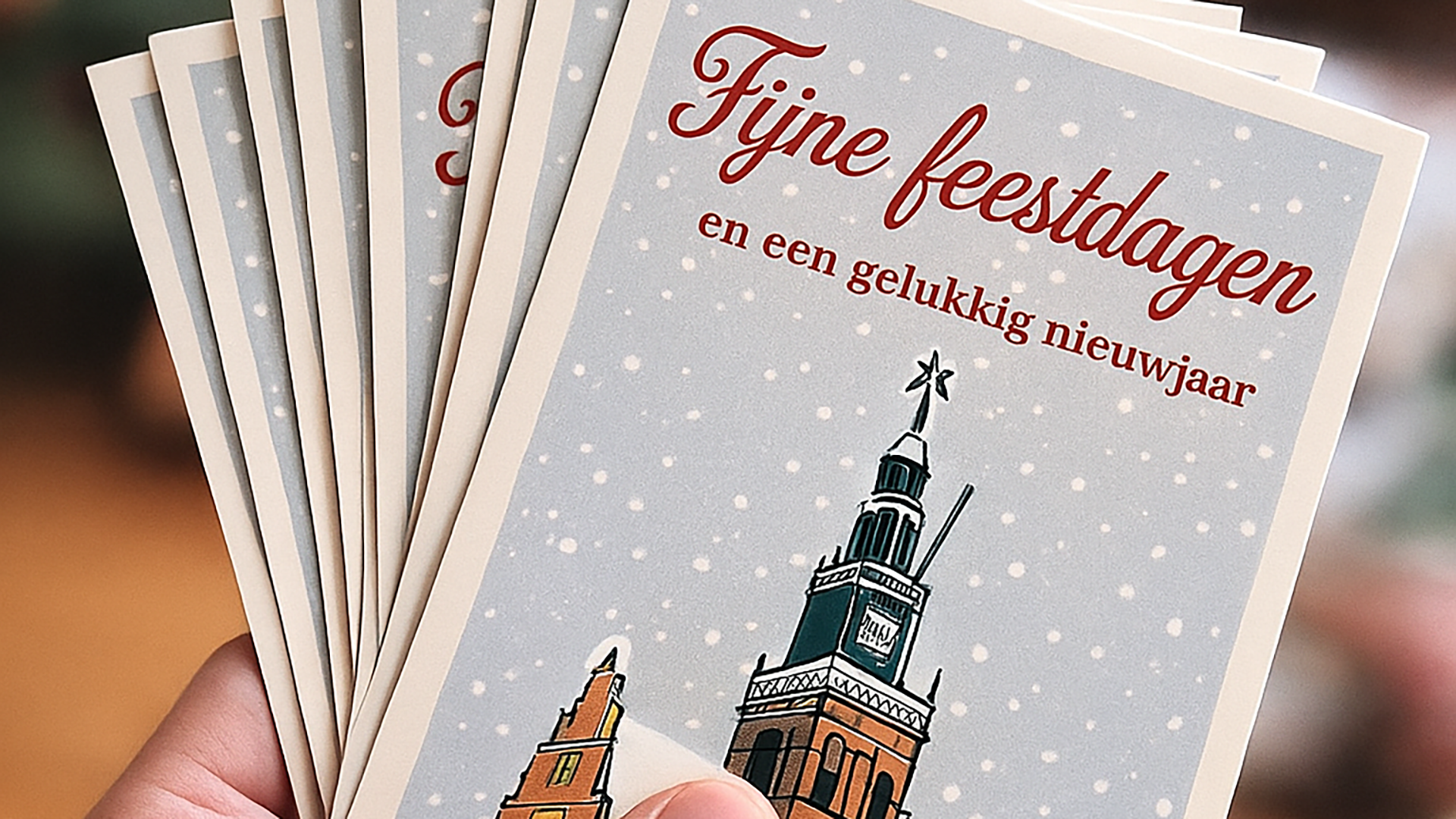 Hand houdt meerdere kaarten met de tekst "Fijne feestdagen en een gelukkig nieuwjaar", versierd met een toren.