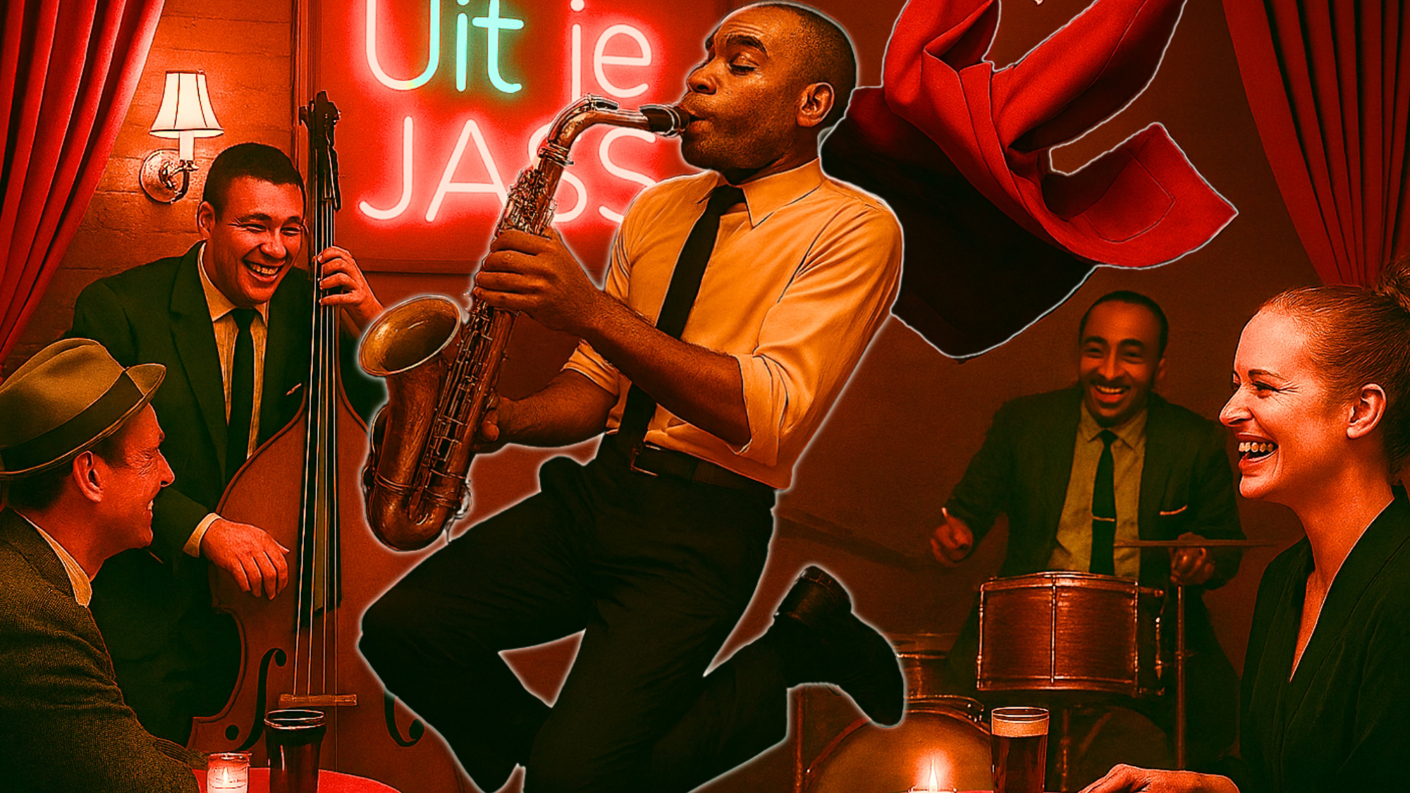 Een muzikant speelt saxofoon terwijl hij in de lucht springt, omringd door een band met een basgitarist, drummer en lachend publiek in een jazzclub met rode gordijnen.