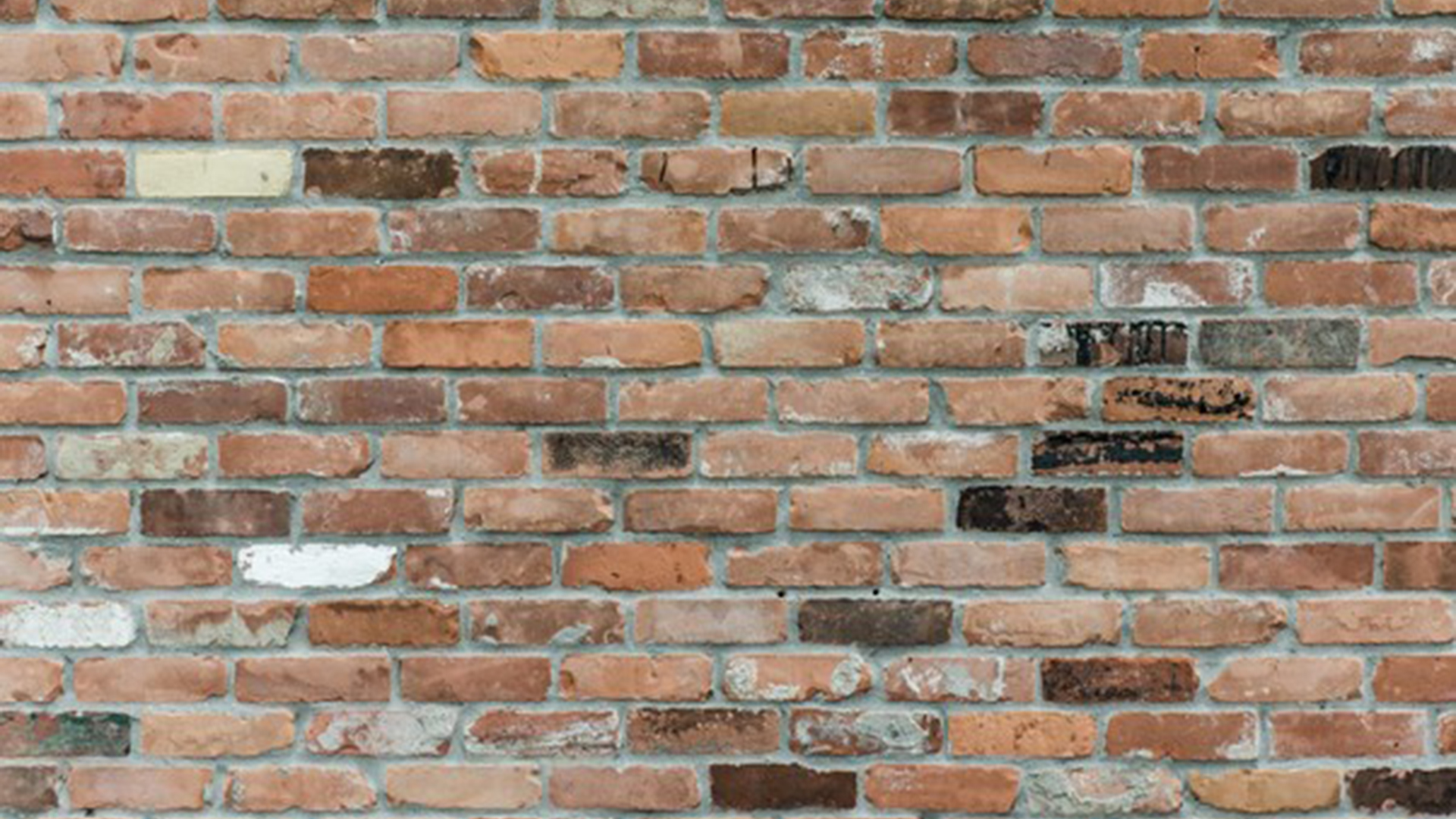 Bakstenen muur met een mix van rode, bruine en enkele witte stenen.