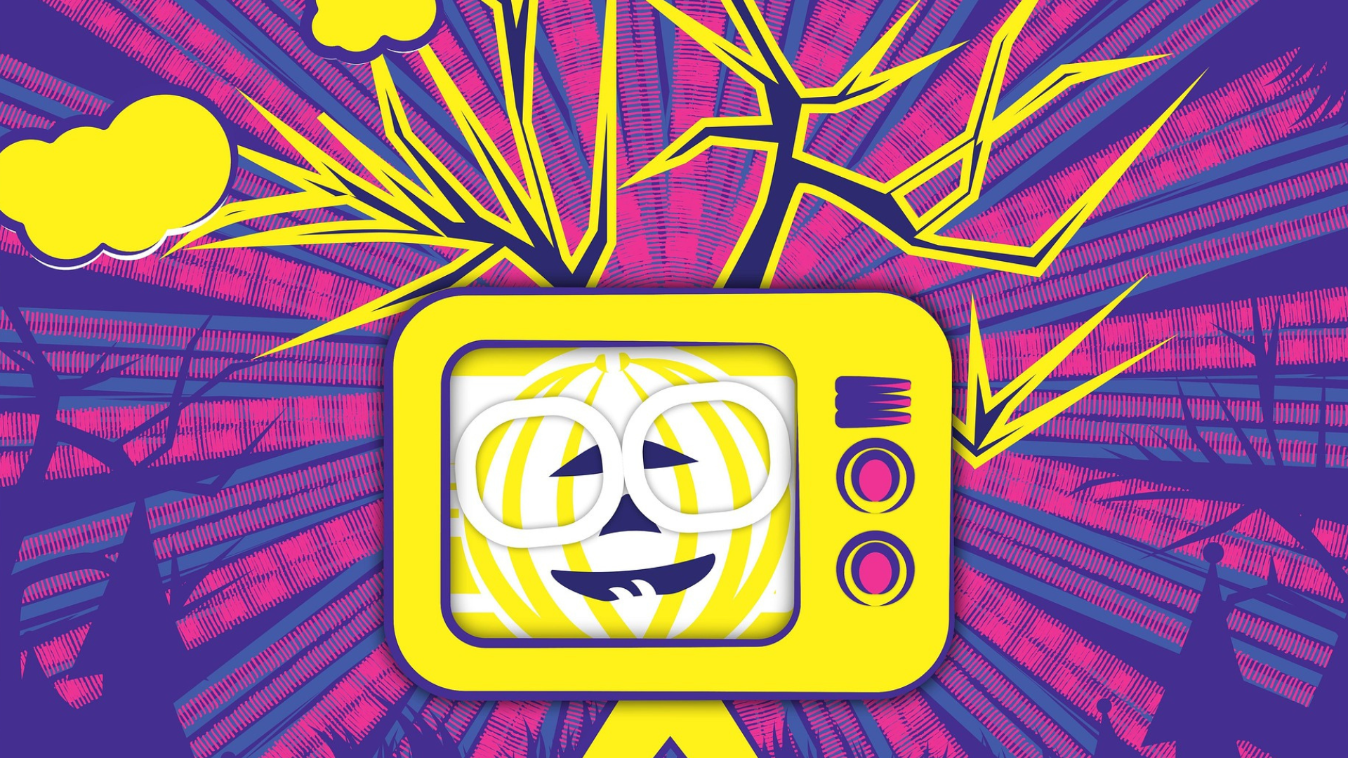 Geel televisiescherm met een lachend gezicht erin, omgeven door kleurrijke patronen van roze en paarse strepen, wolken en donderachtige lijnen.