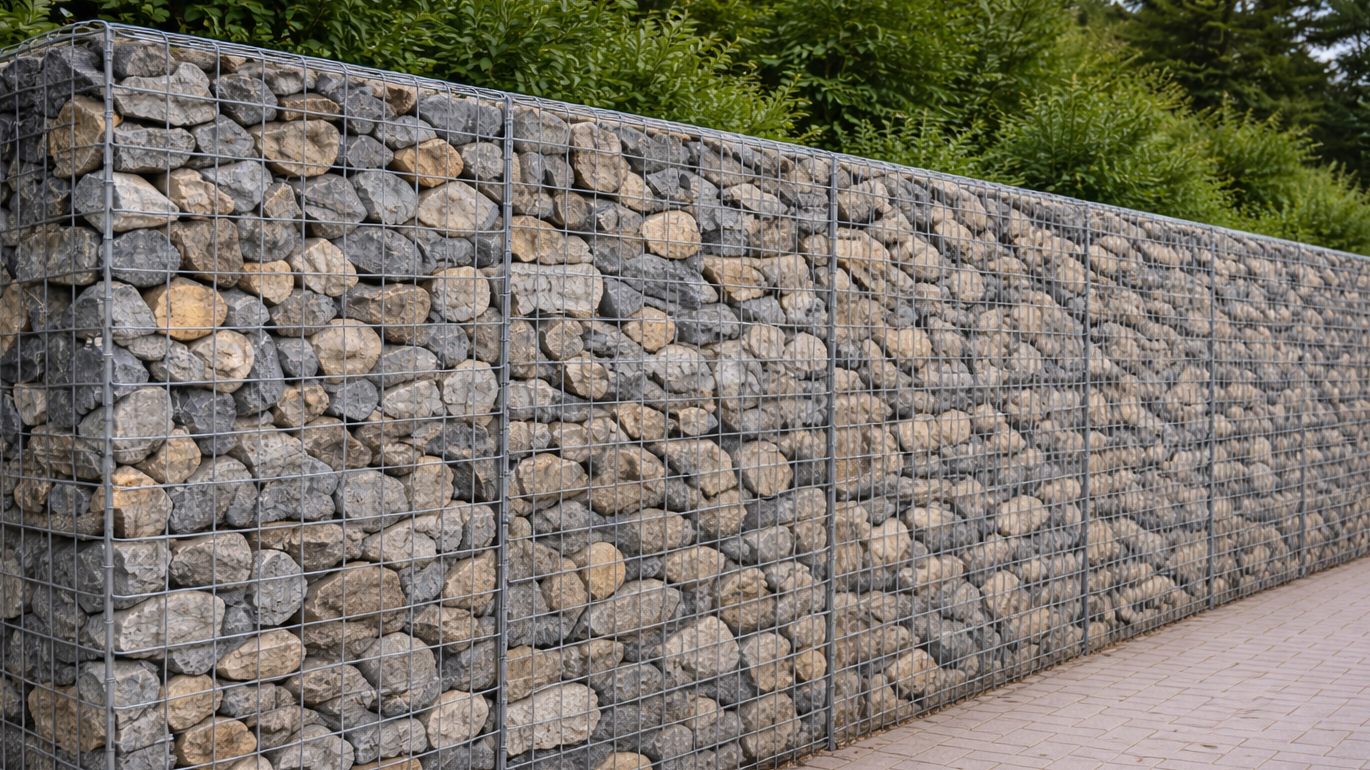 Een gabionenmuur gevuld met stenen naast een betegeld pad, omringd door groene struiken.